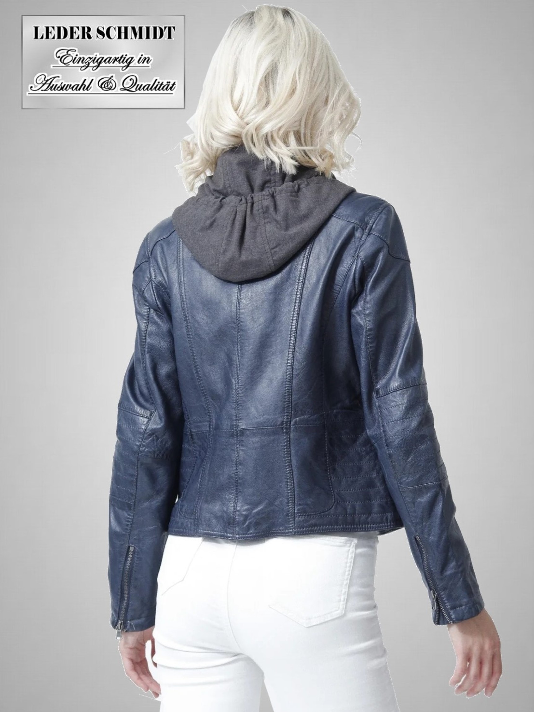 kurze blaue kurze Damen Lederjacke Kapuzentel abnehmbar