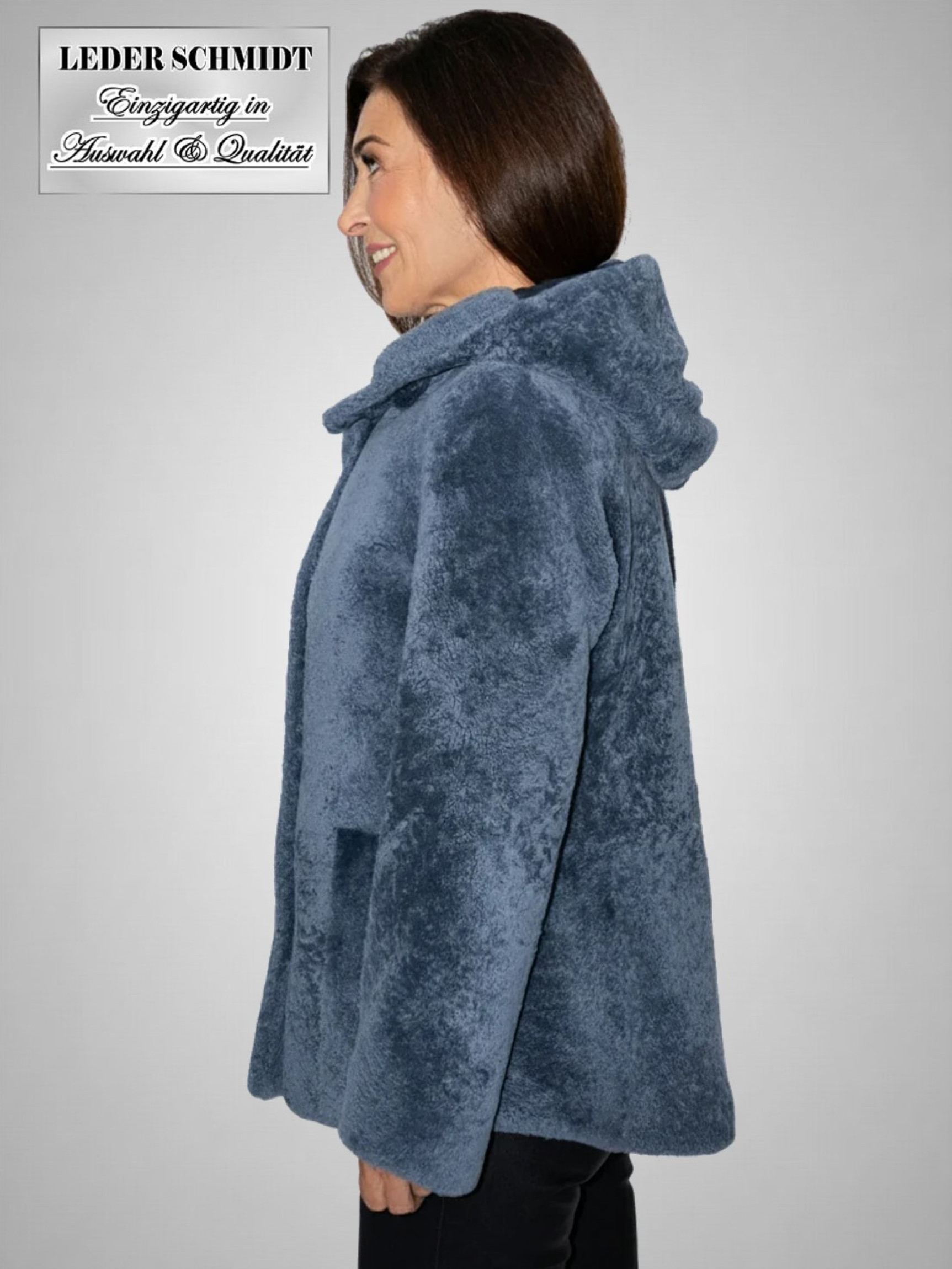 leichte Damen Cuely lammfelljacke in blau mit Kapuze