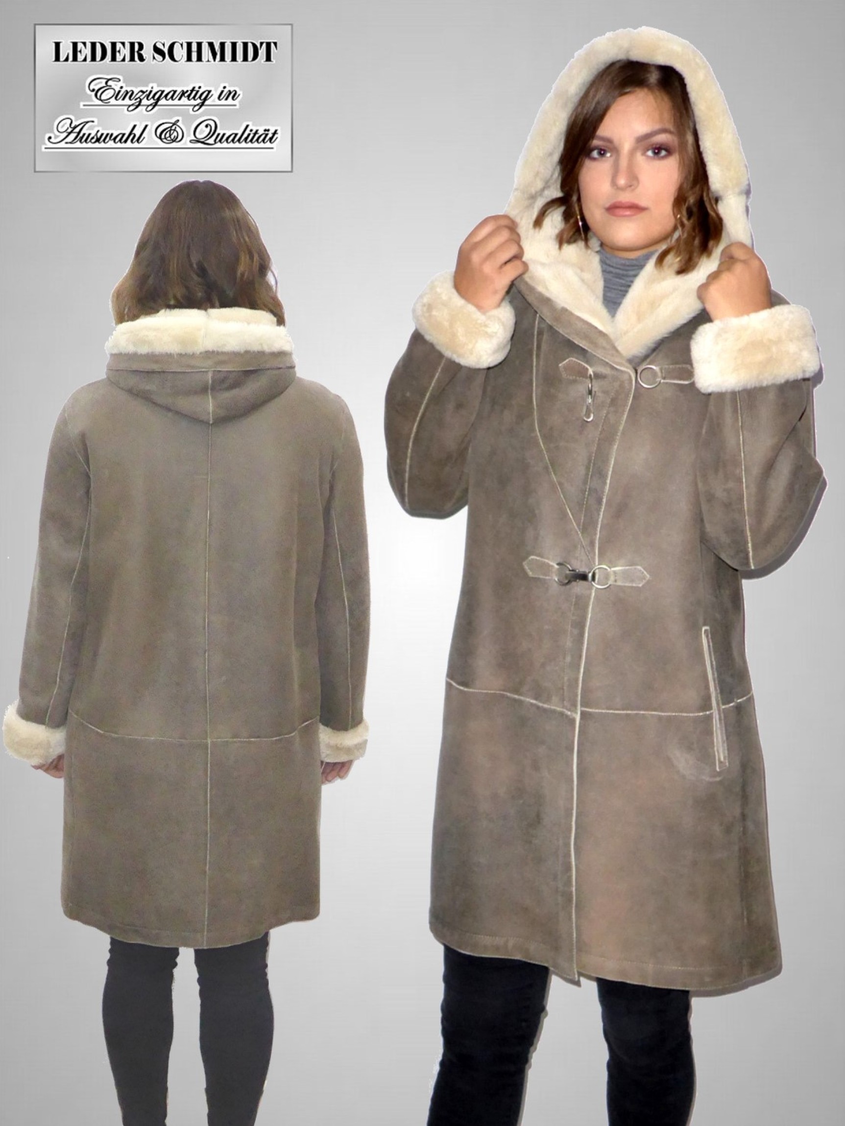 Lange Damen Lammfelljacke mit Kapuze