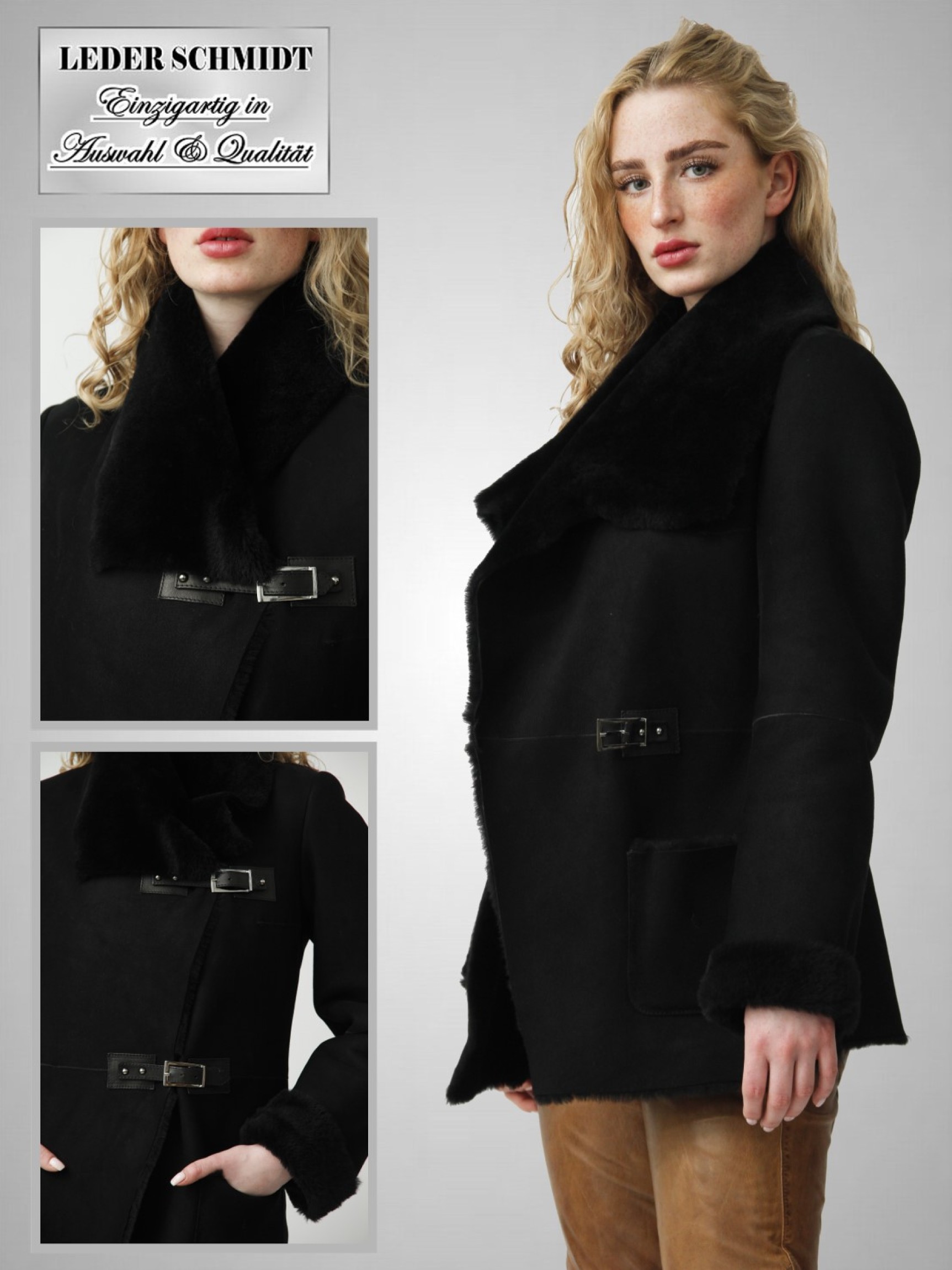 leichte lange schwarze Damen Lammfelljacke