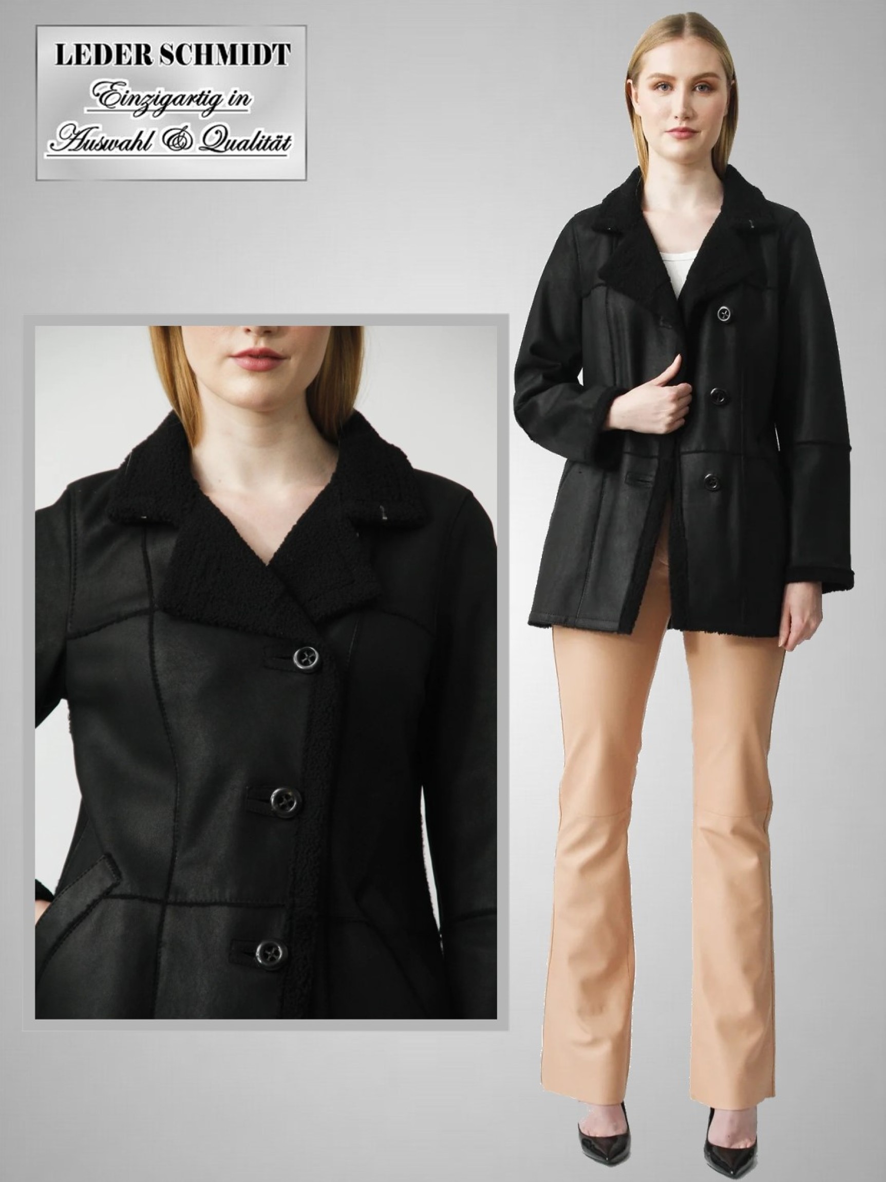schwarze Damen Lammfell-Jacke leicht Knöpfe Kragen Christ