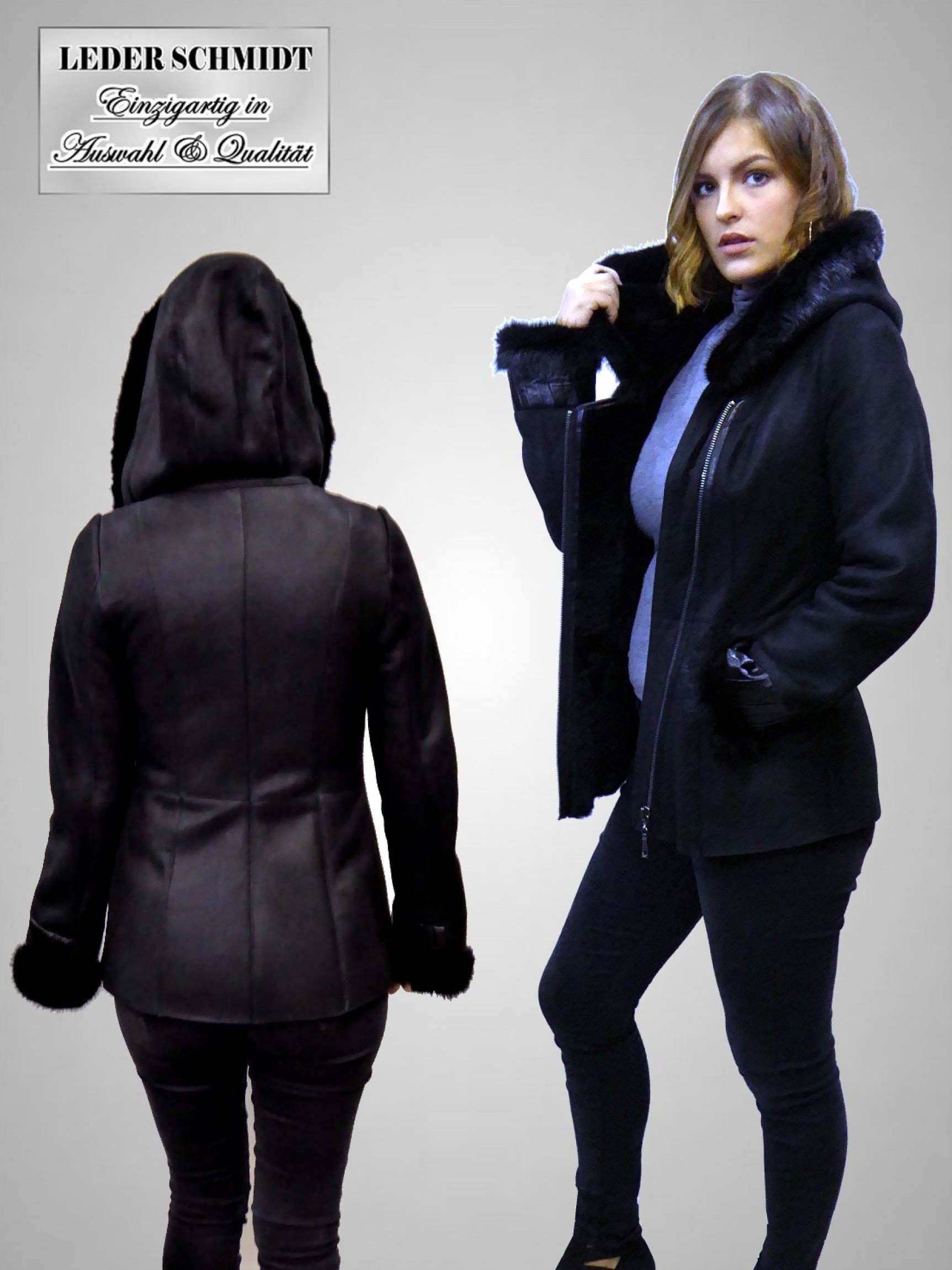 kurze Damen Lammfelljacke mit Kapuze