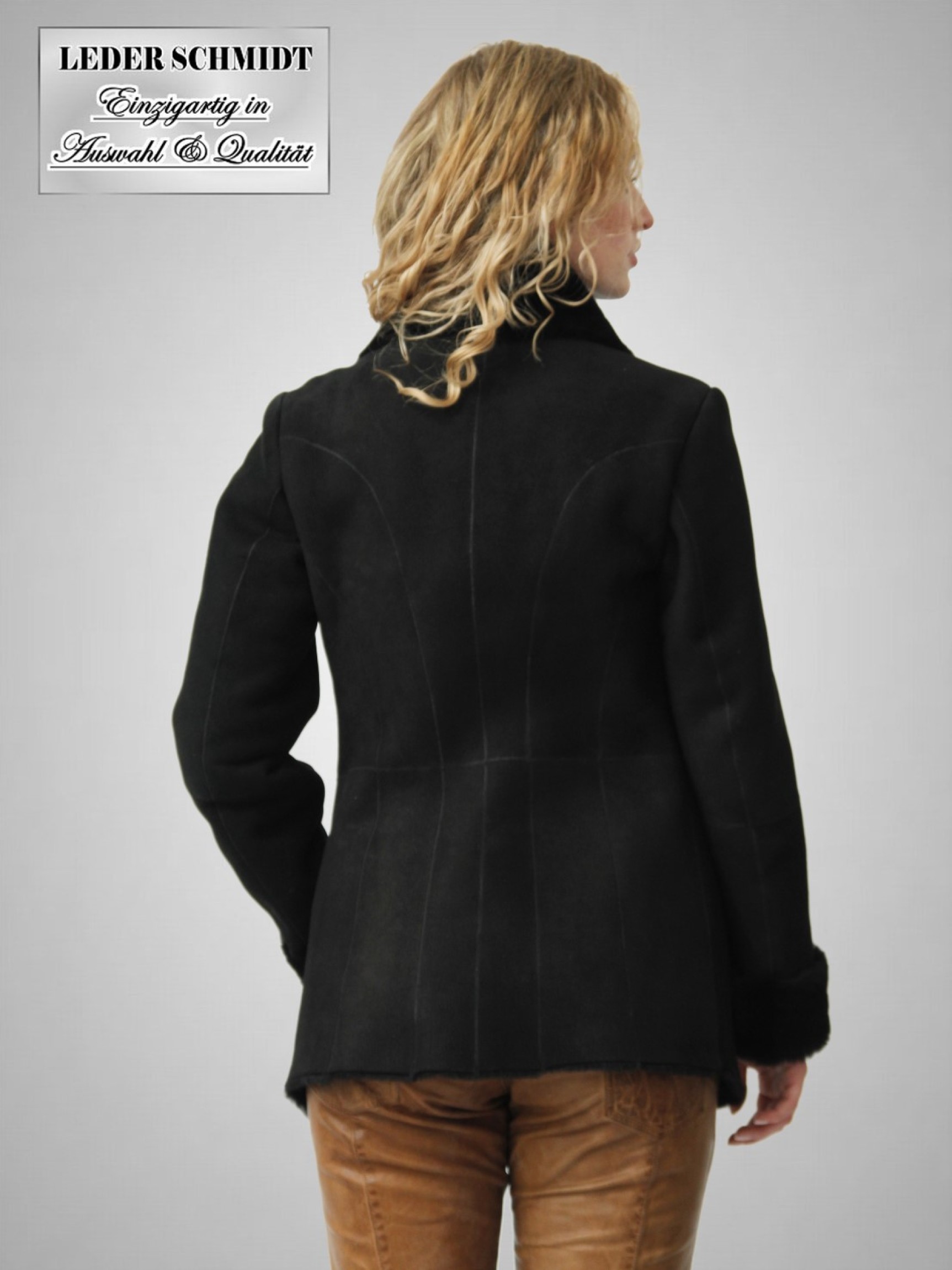 leichte Lammfelljacke Schaffelljacke lang schwarz Revers