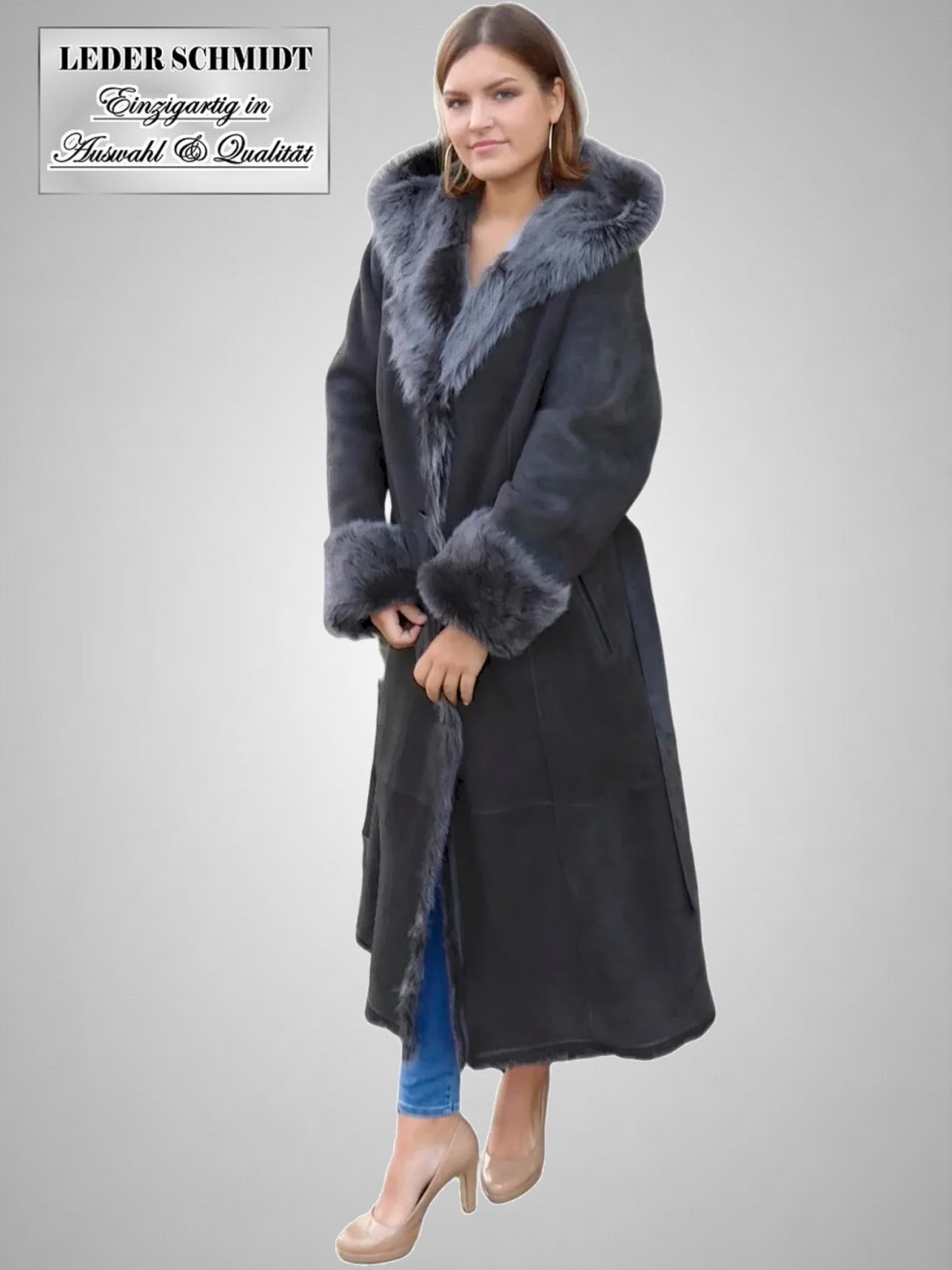 Damen Lammfellmantel mit Kapuze und Gürtel