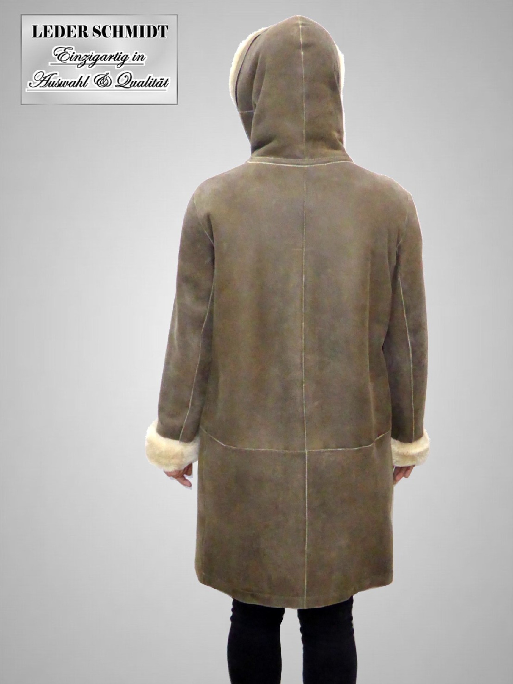 Lange Damen Lammfelljacke mit Kapuze