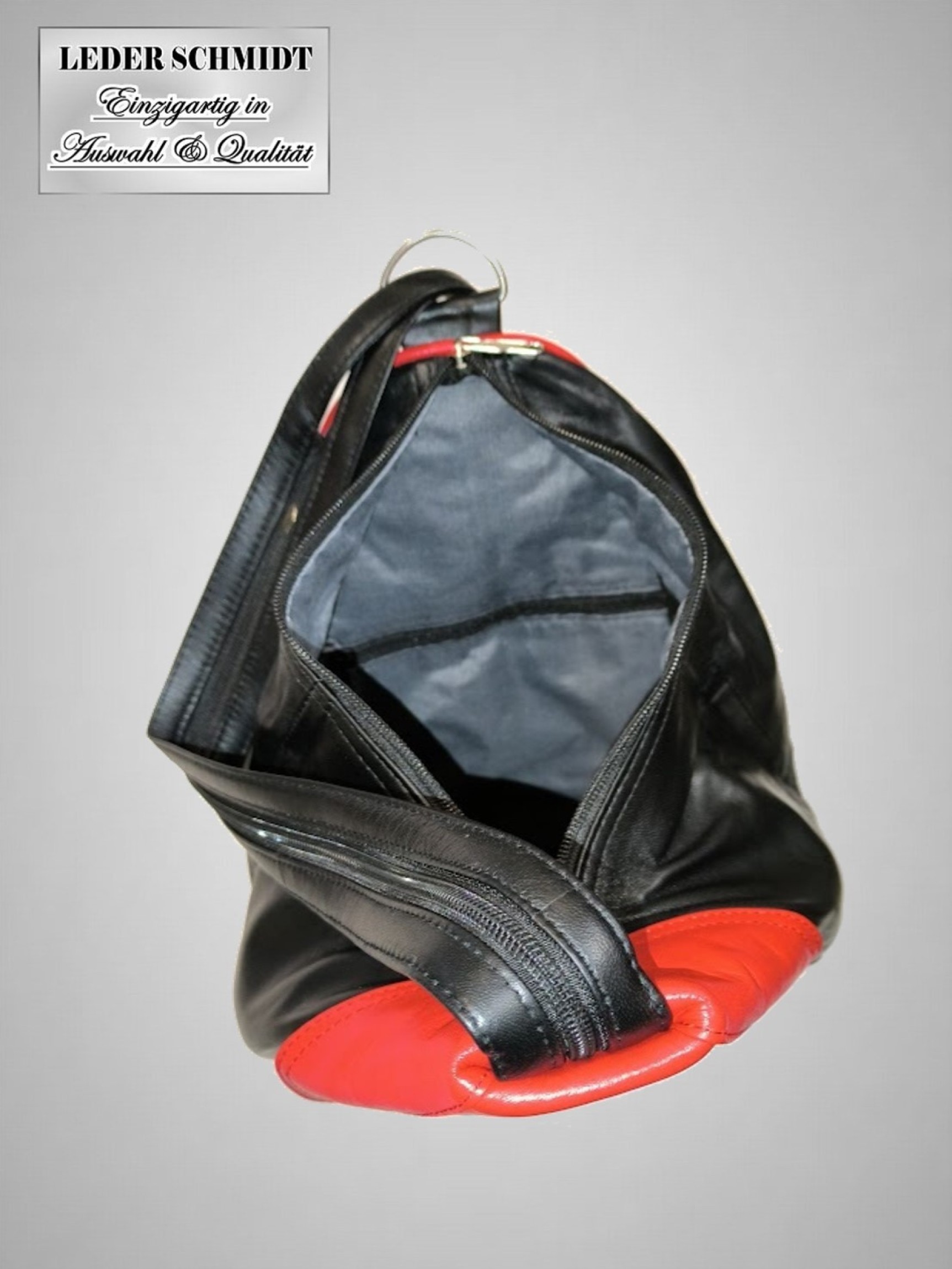 Damen Lederrucksack rot schwarz viele Taschen