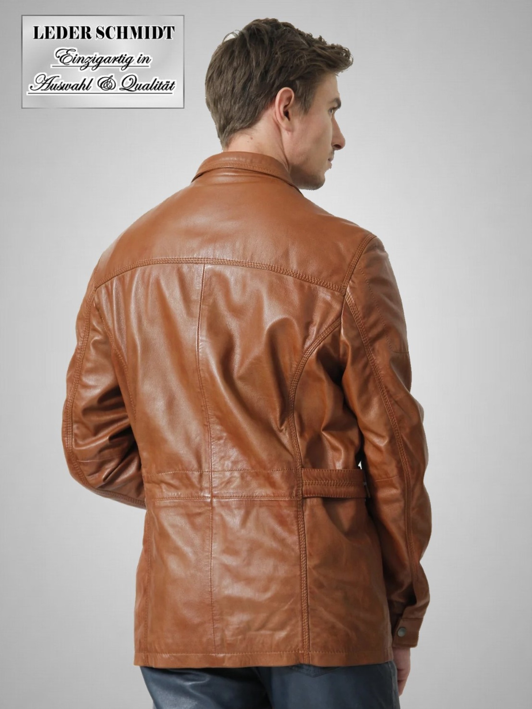 Herren Lederjacke lang sportlich dünn cognac