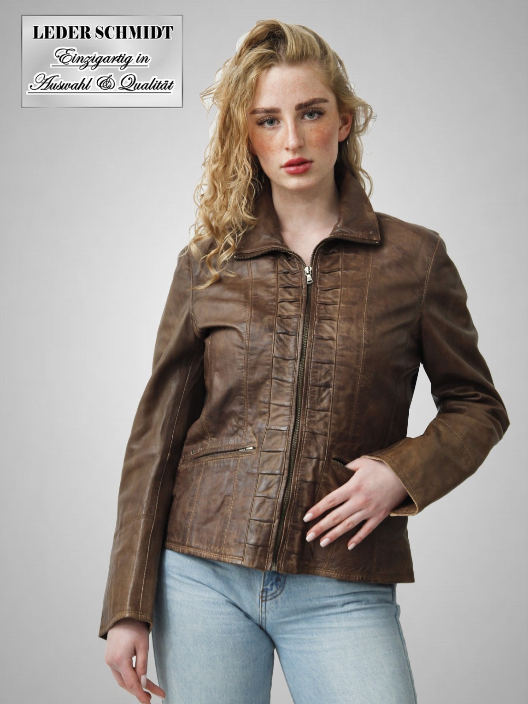 halblange Damen-Lederjacke braun