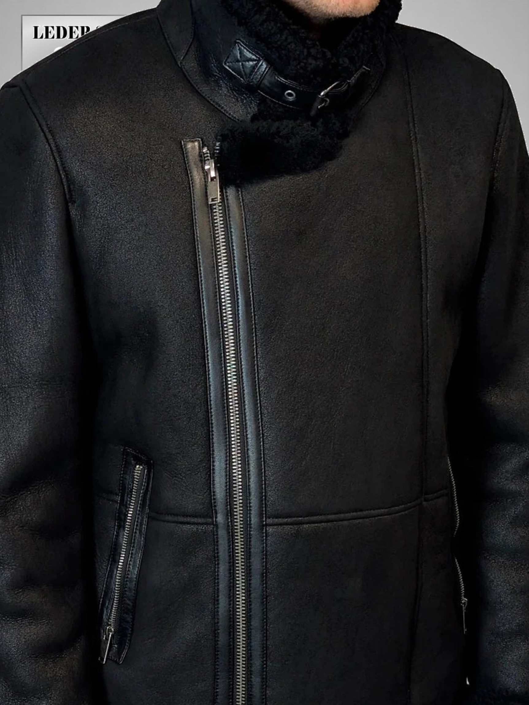 schwarze Herren Lammfelljacke