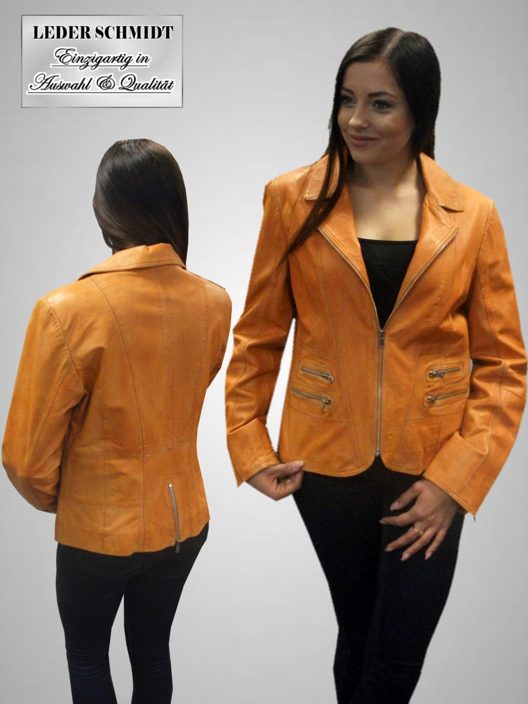 schicke kurze Damen Lederjacke orange Reißverschluss