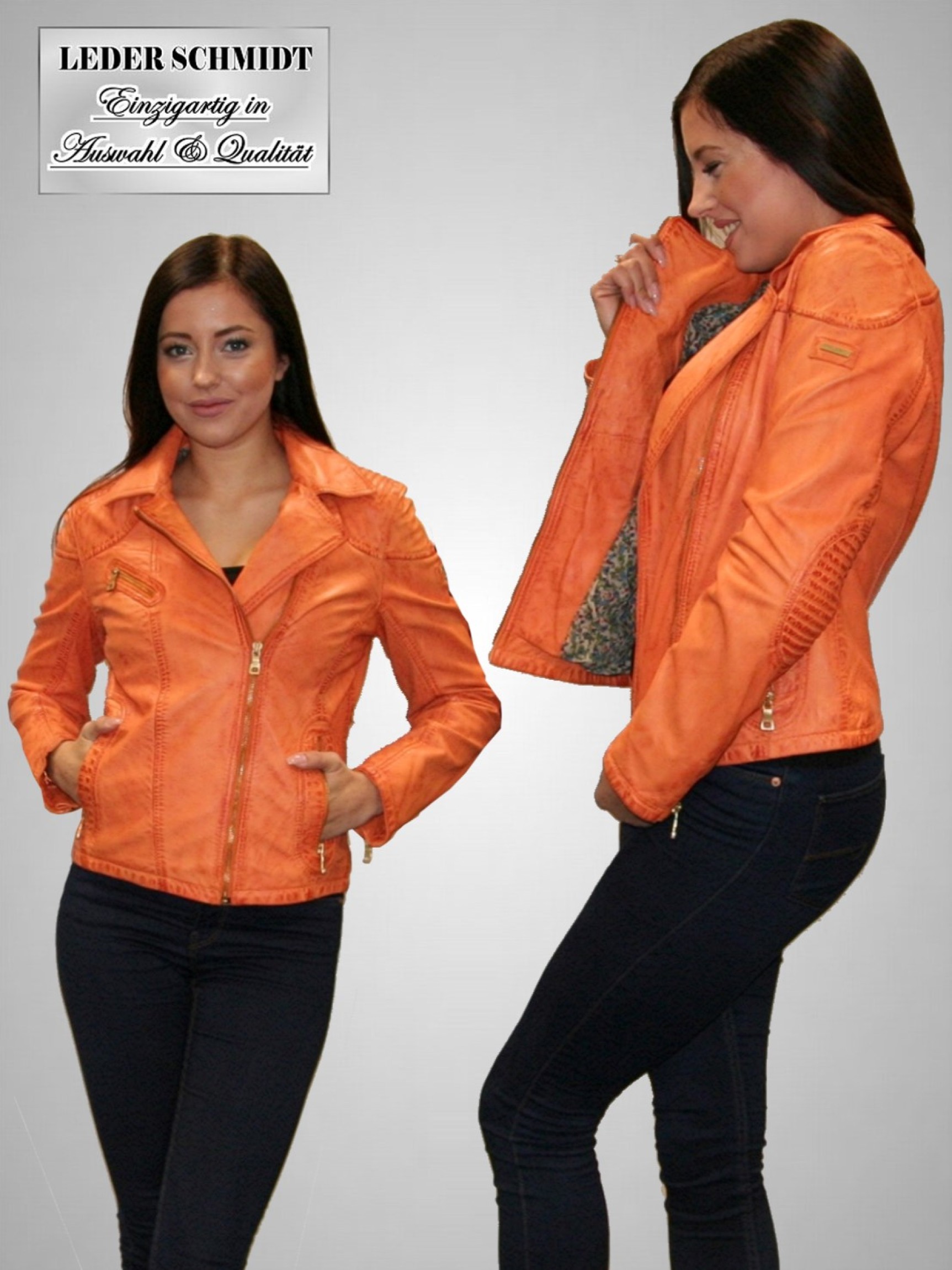 kurze Motorrad-Lederjacke-Damen-orange-echtes Lammnappa