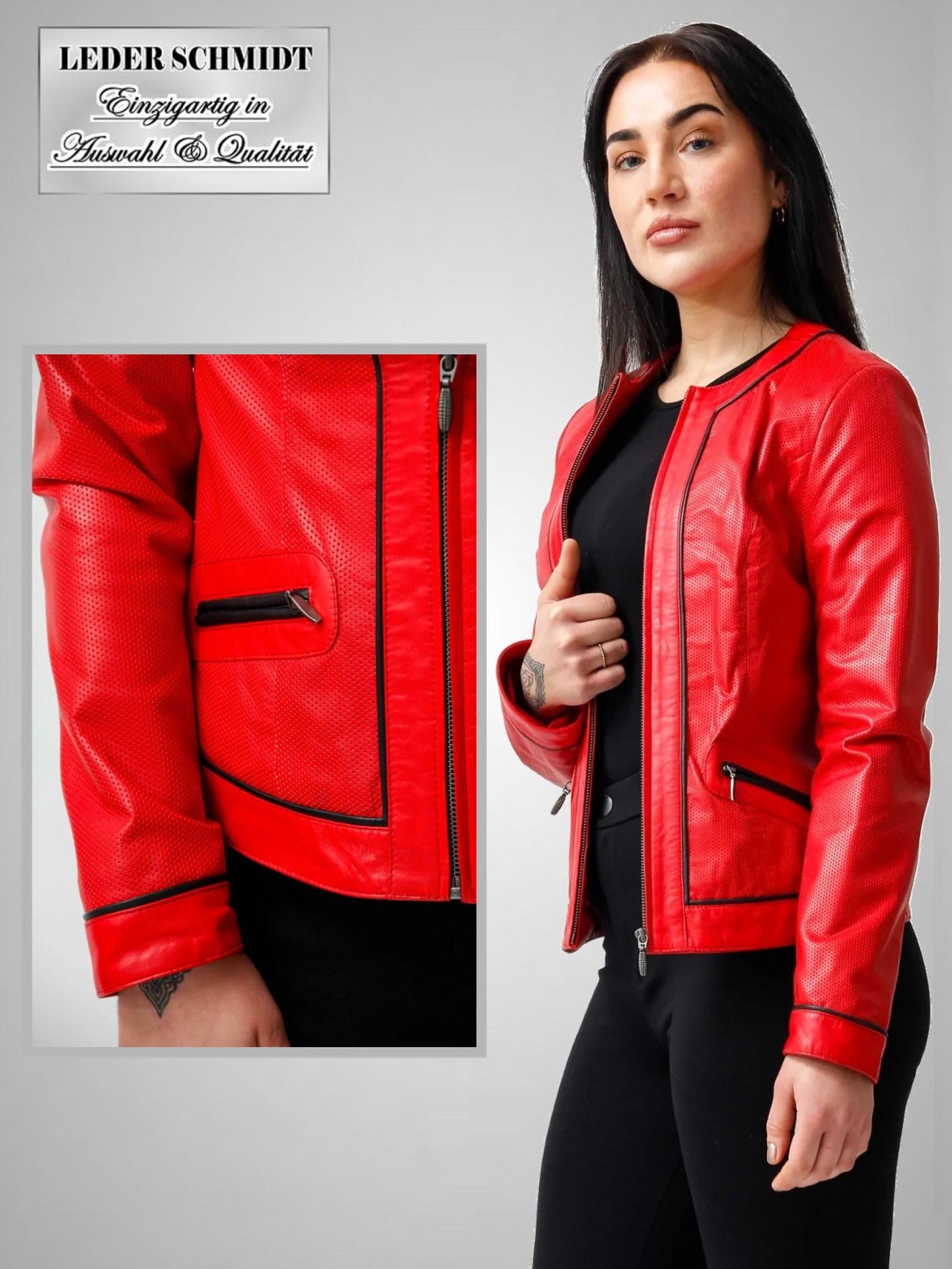 kurze rote Damen Lederjacke ohne Kragen