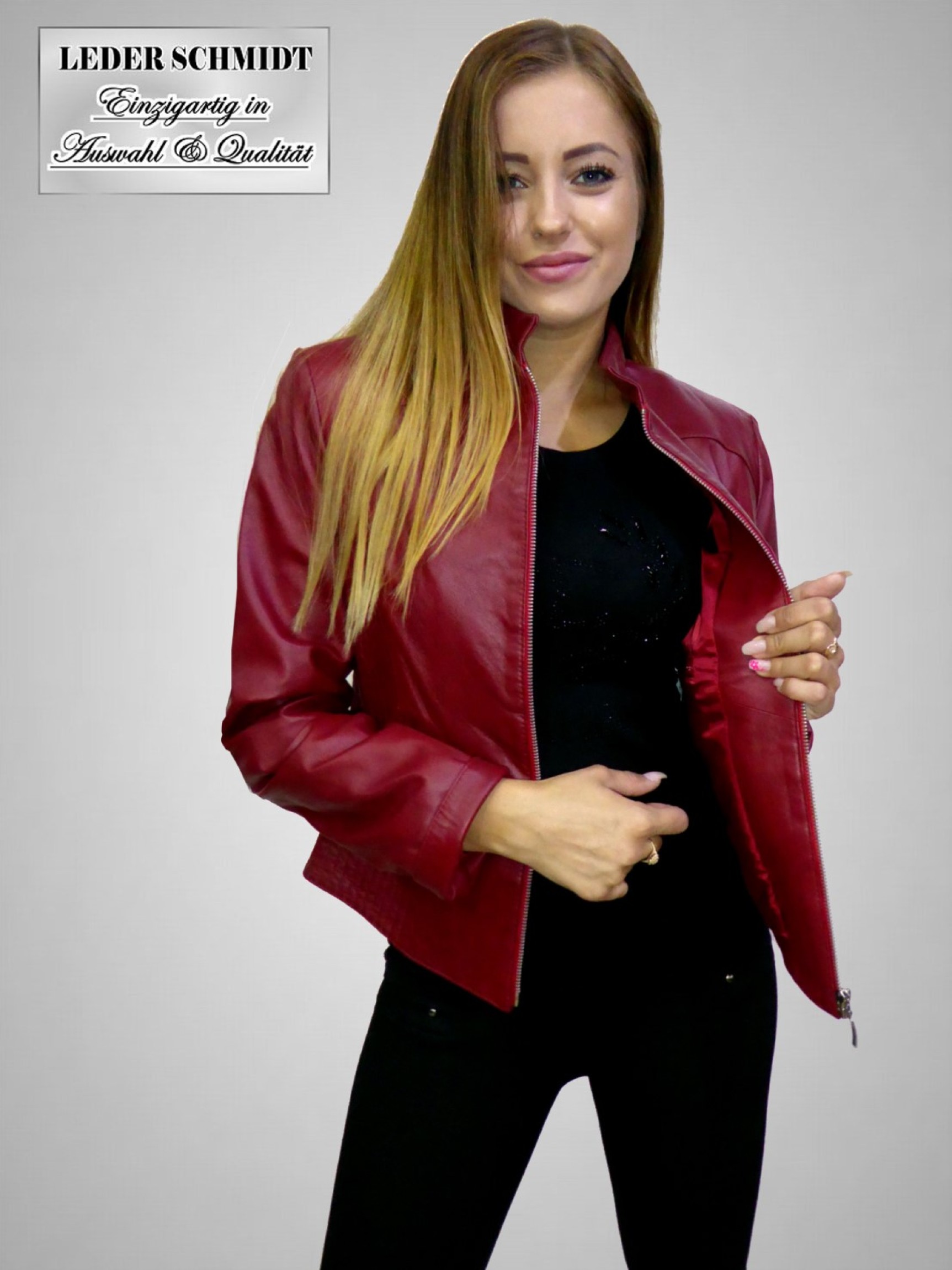 kurze rote echte Damen-Lederjacke mit Reißverschluss Stehkragen