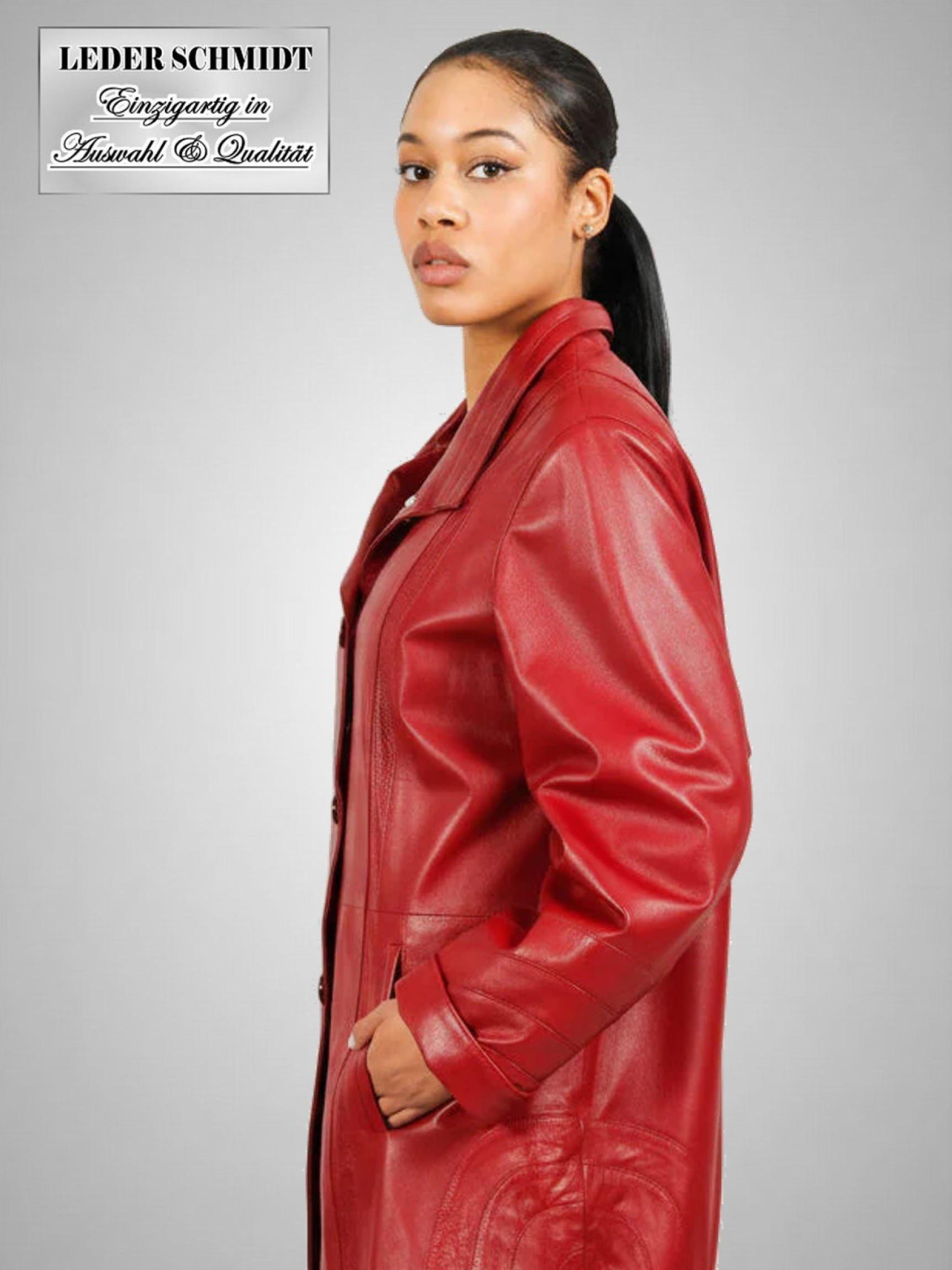 lange Damenlederjacke mit Knöpfen