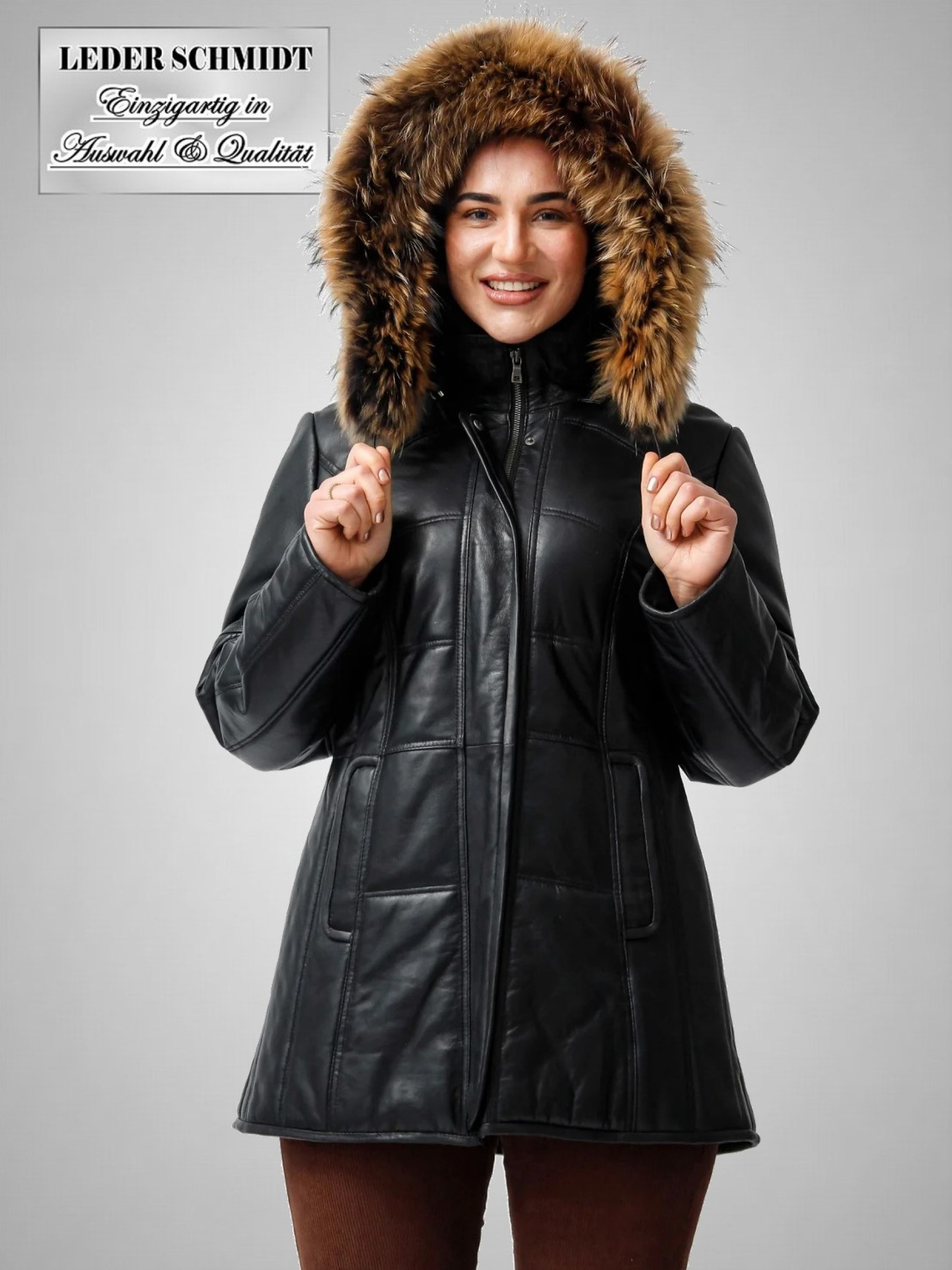 Damen Leder-Parka abnehmbare Kapuze mit Fellrand