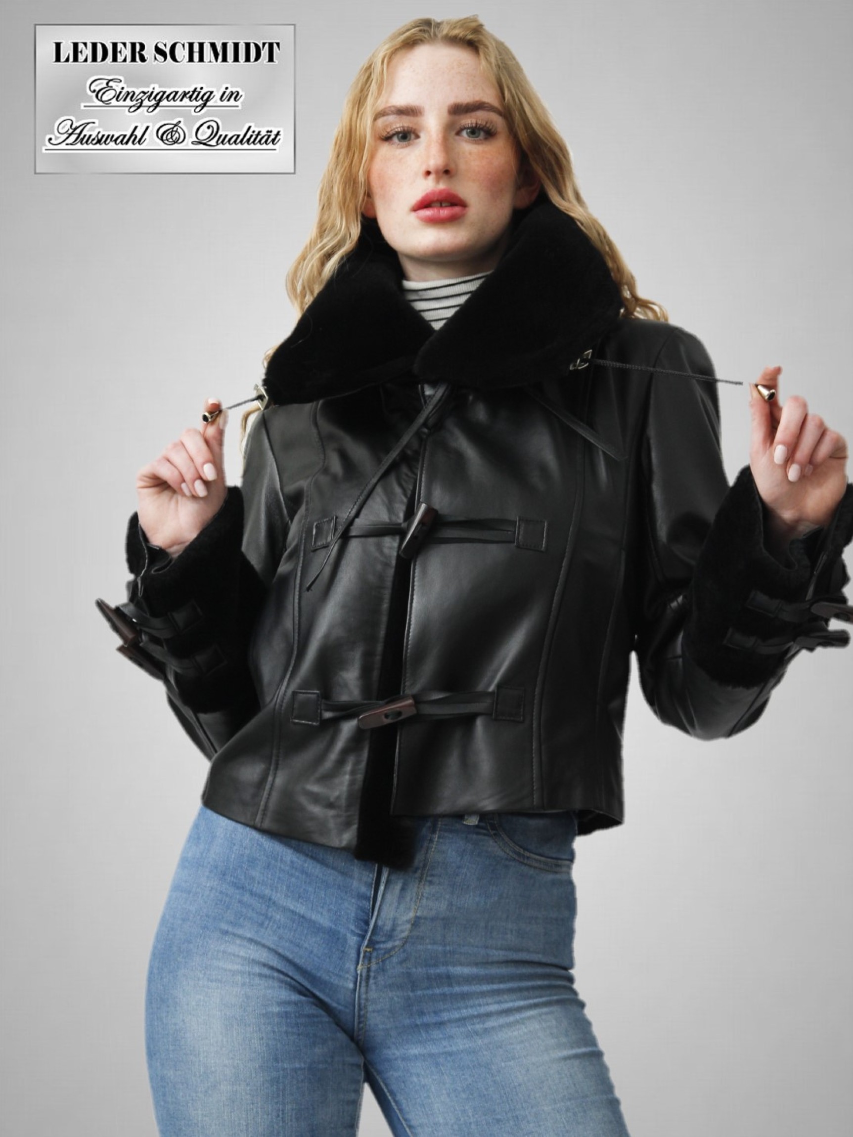 kurze schwarze Damen-Nappa-Lederjacke mit Lammfell