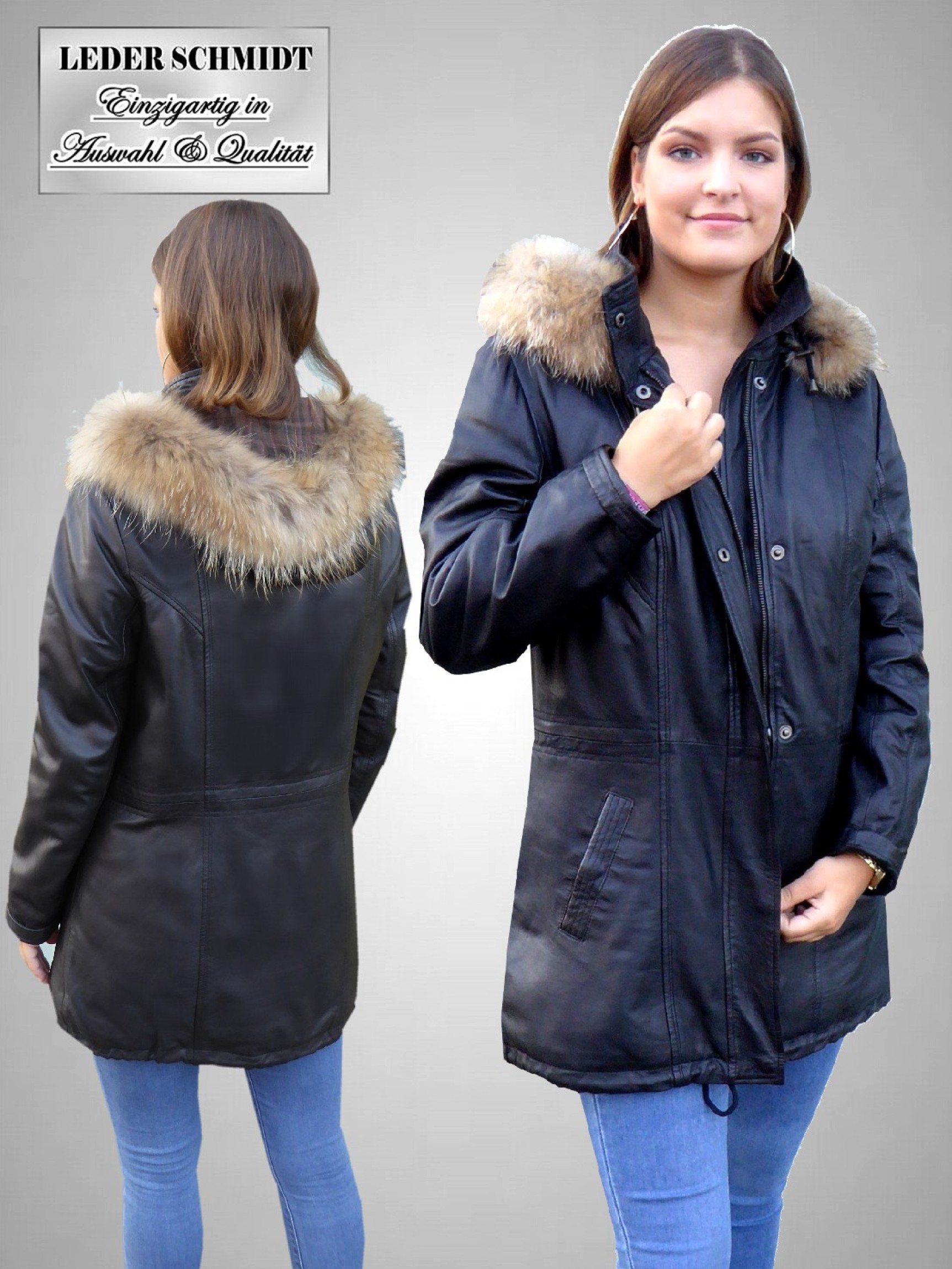 schwarze Damenlederjacke Lederparka mit abnehmbarer Kapuze Reißverschluss echtes Lammnappa