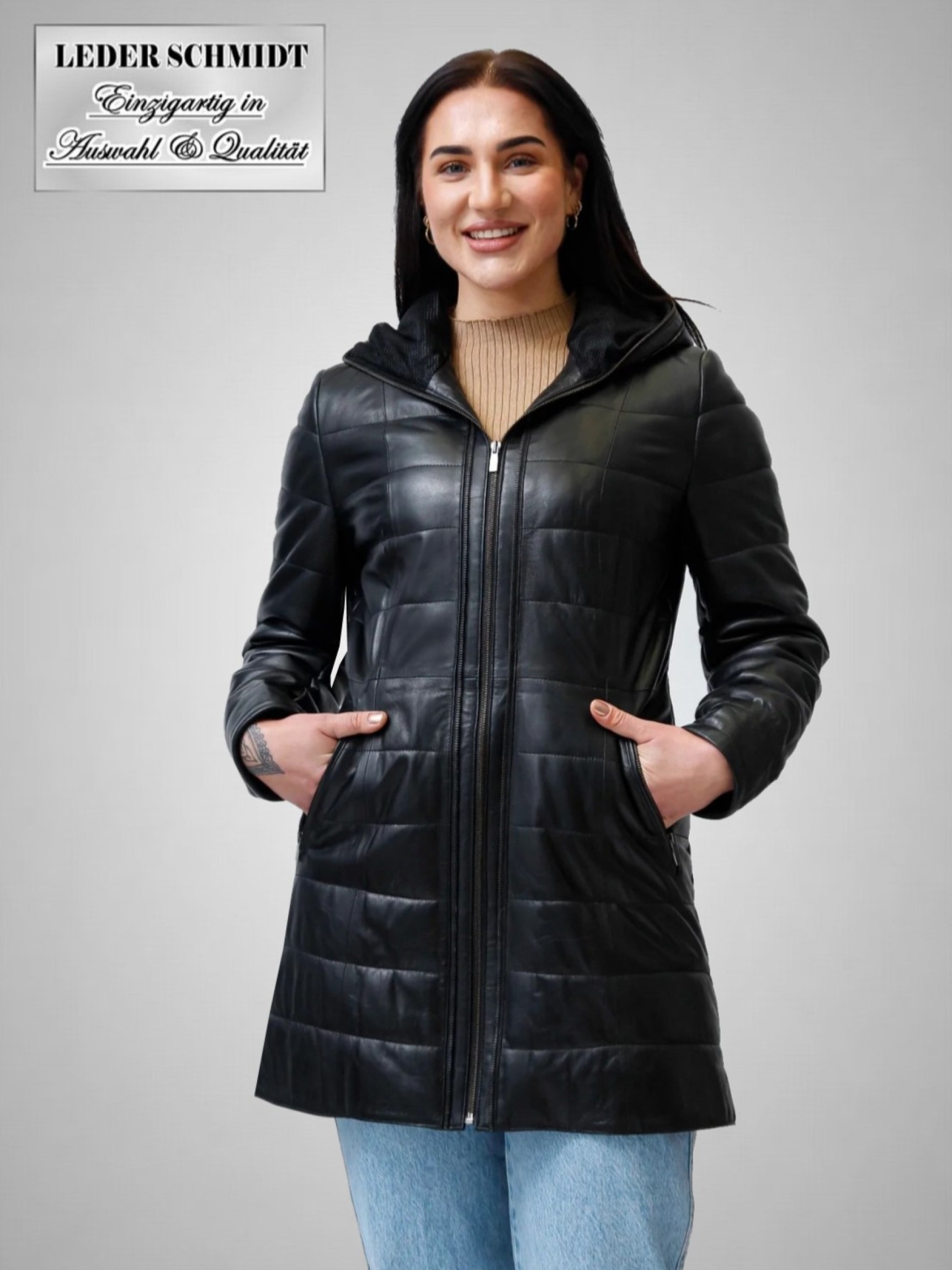 gesteppter Damen-Lederparka mit Kapuze