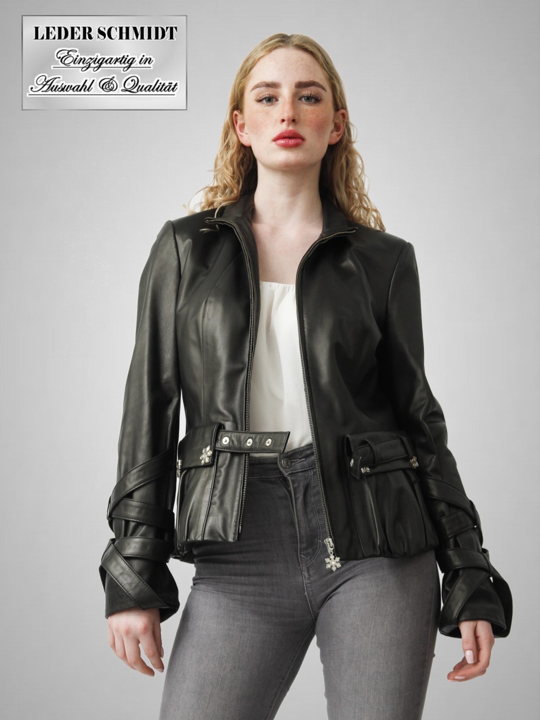 schwarze Damen Lederjacke mit Gürtel