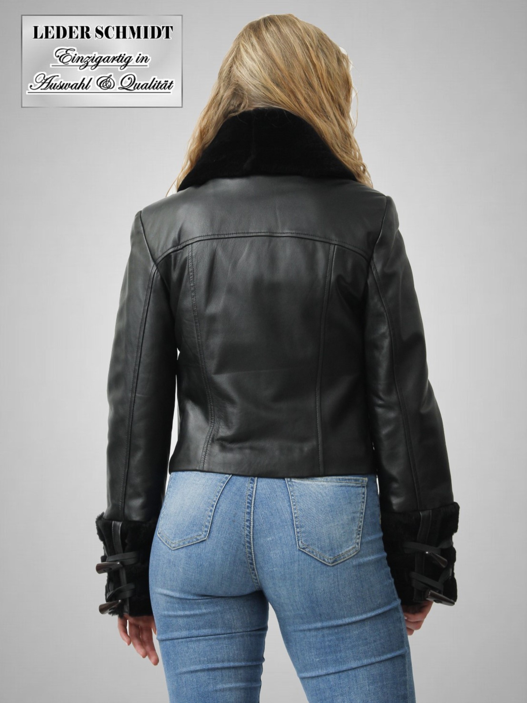 kurze Damen-Nappa-Lederjacke mit Lammfell schwarz