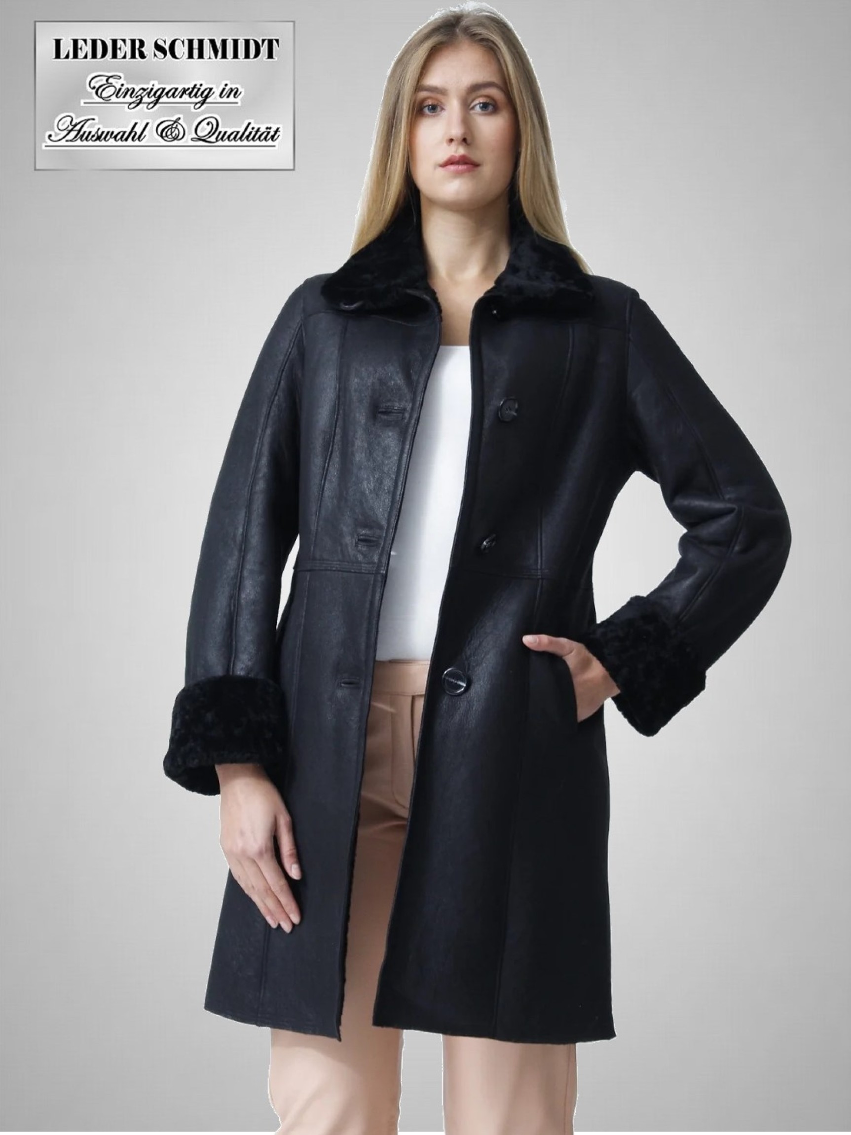 lange Damen Lammfelljacke Lammfellmantel schwarz figurbetont