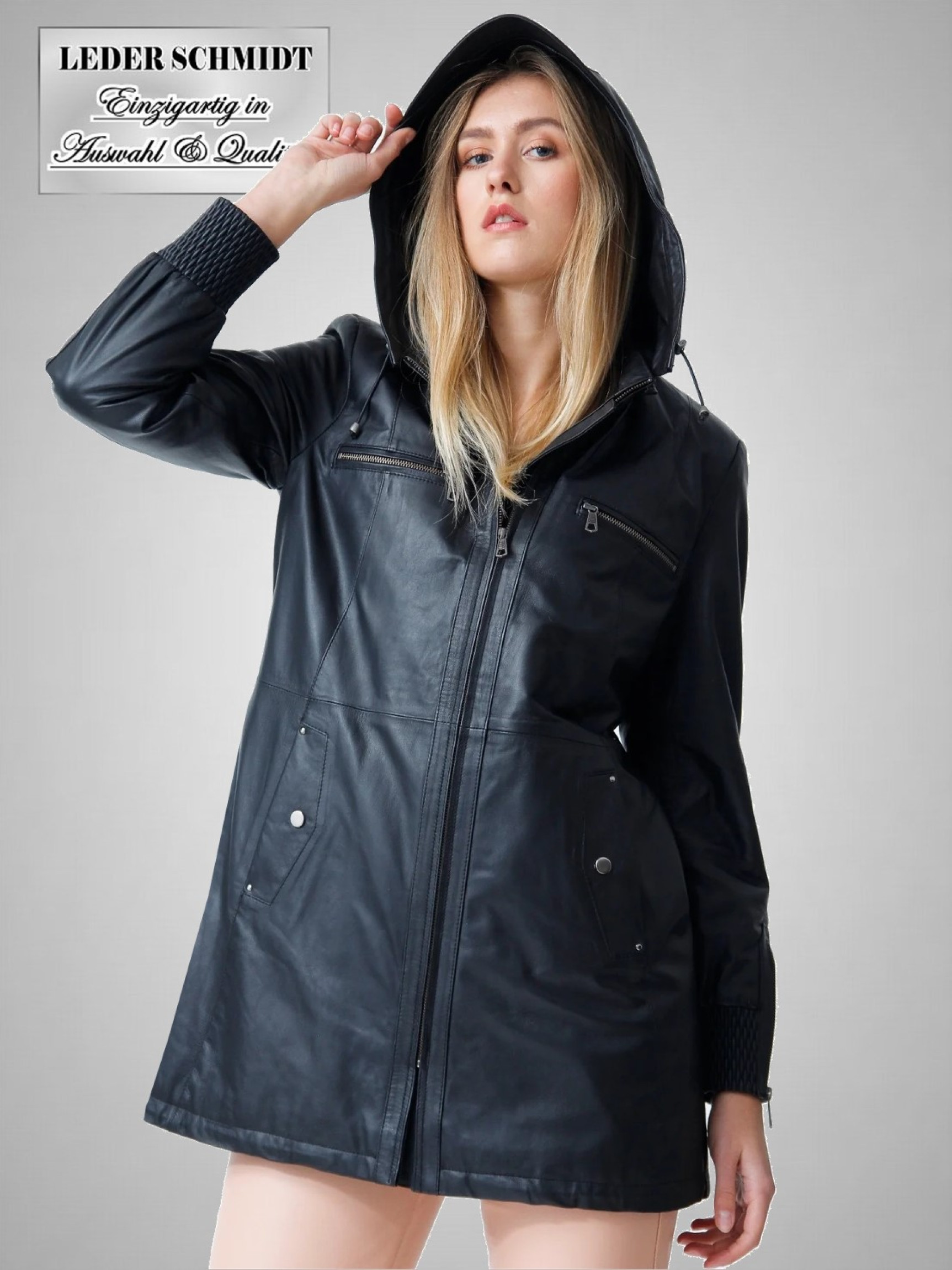 Damen Lederjacke mit abnehmbarer Kapuze