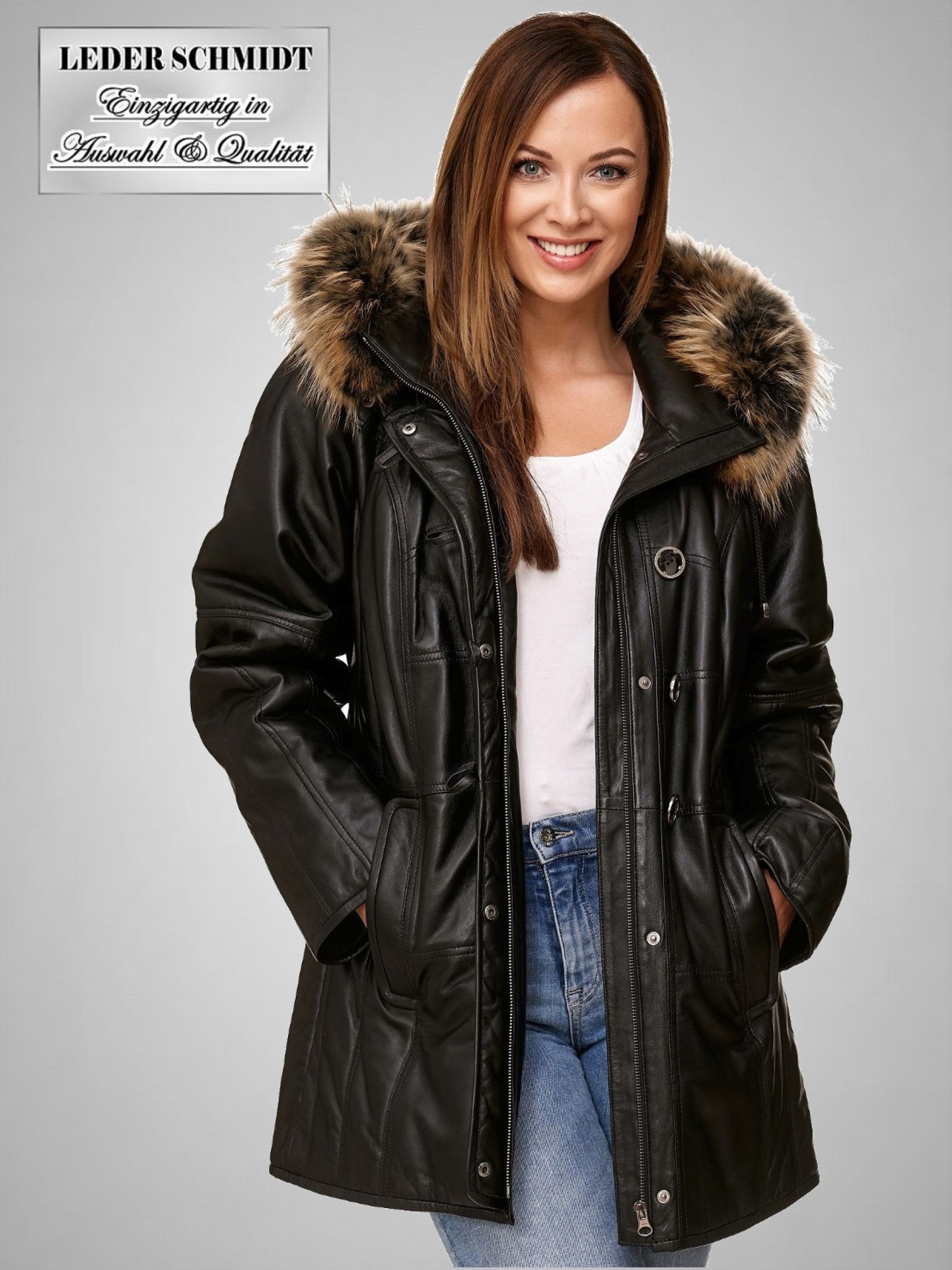 damen Lederparka schwarz Kapuze abnehmbar leicht