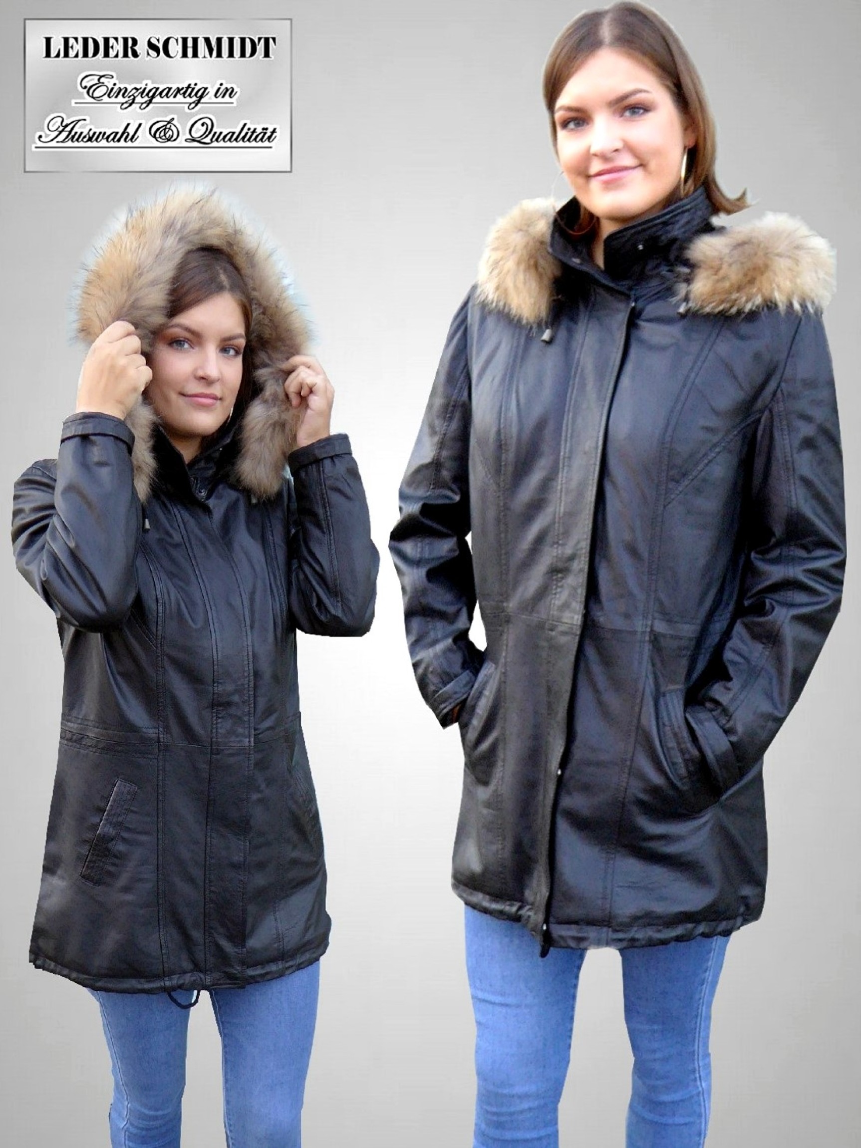 echte leichte Damen-Lederparka Lederjacke mit abnehmbarer Kapuze schwarz