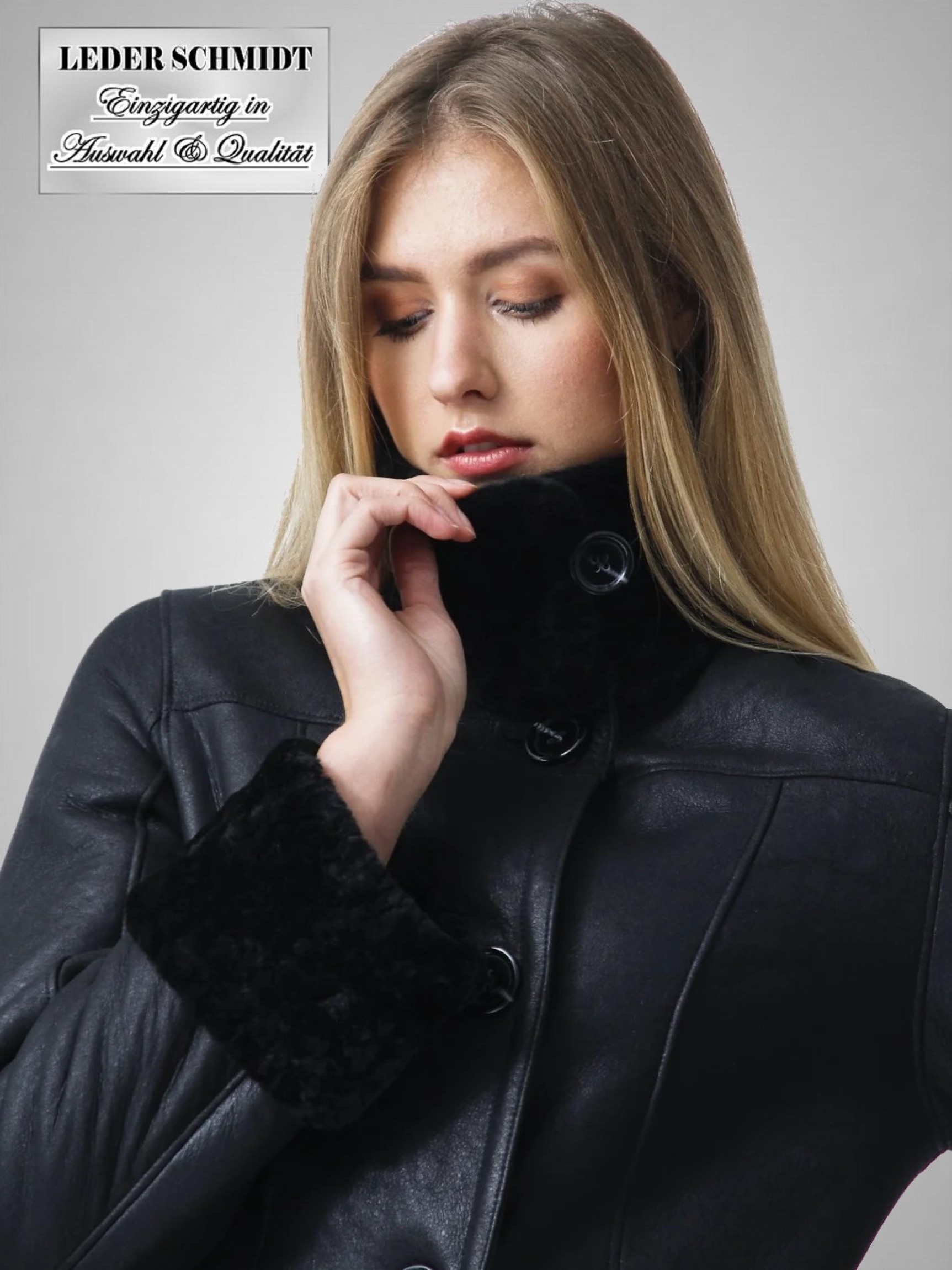 lange echte Damen Lammfelljacke Lammfellmantel schwarz figurbetont
