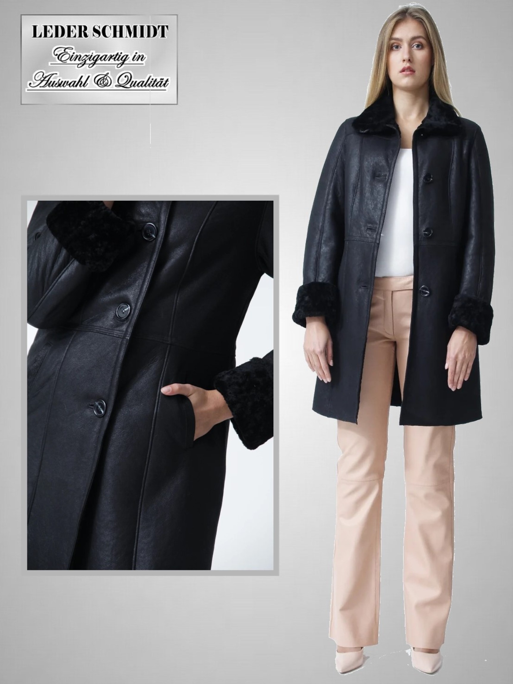 lange Damen Lammfelljacke Lammfellmantel schwarz figurbetont gewachsenes Lammfell