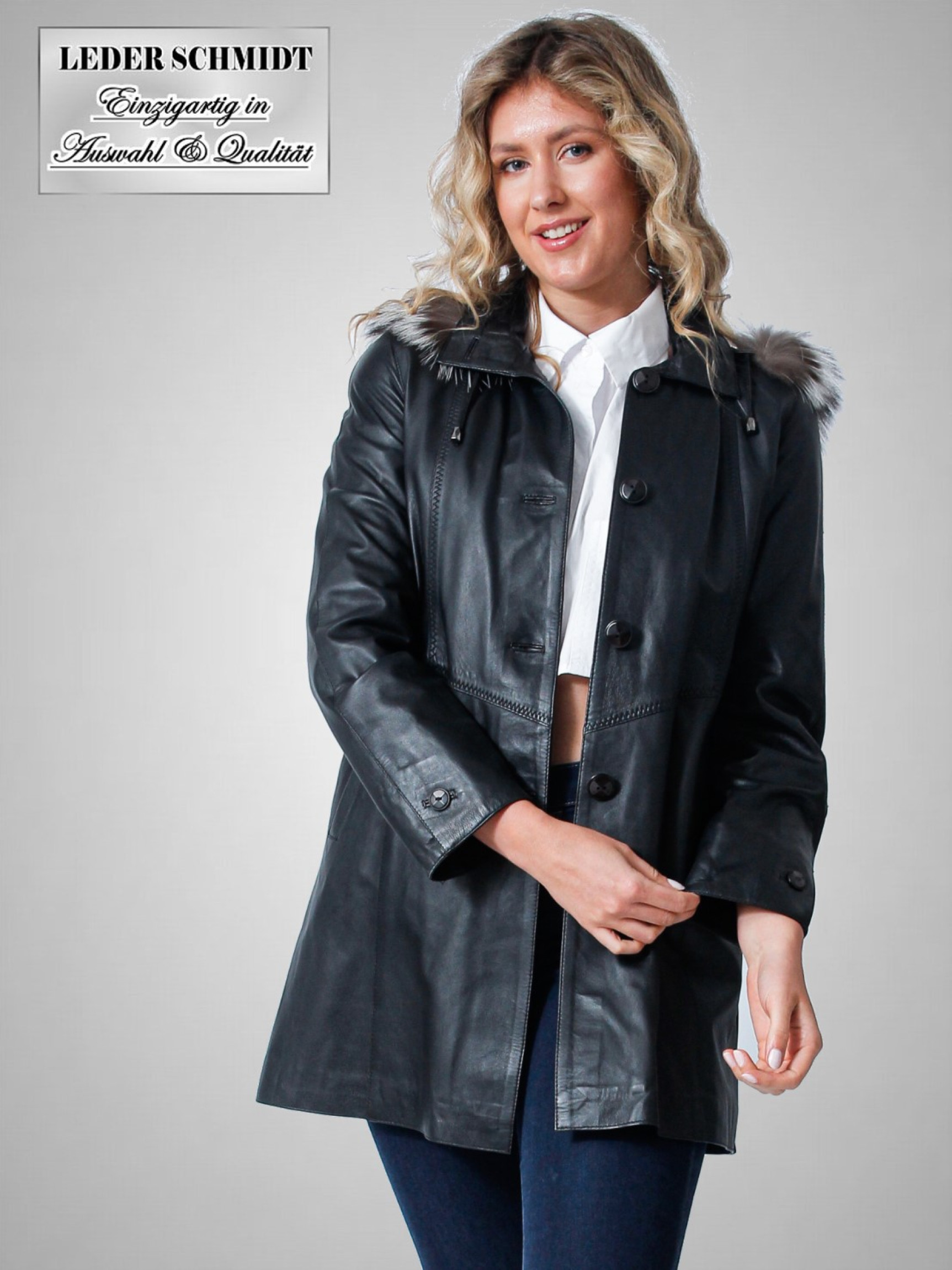 Damen Lederjacke mit Kapuze und Pelzbesatz
