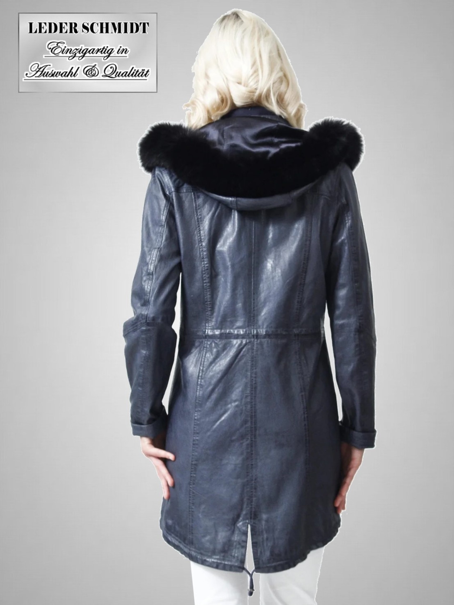 blaue vintage Damen Lederjacke lang kapuze echtes Leder