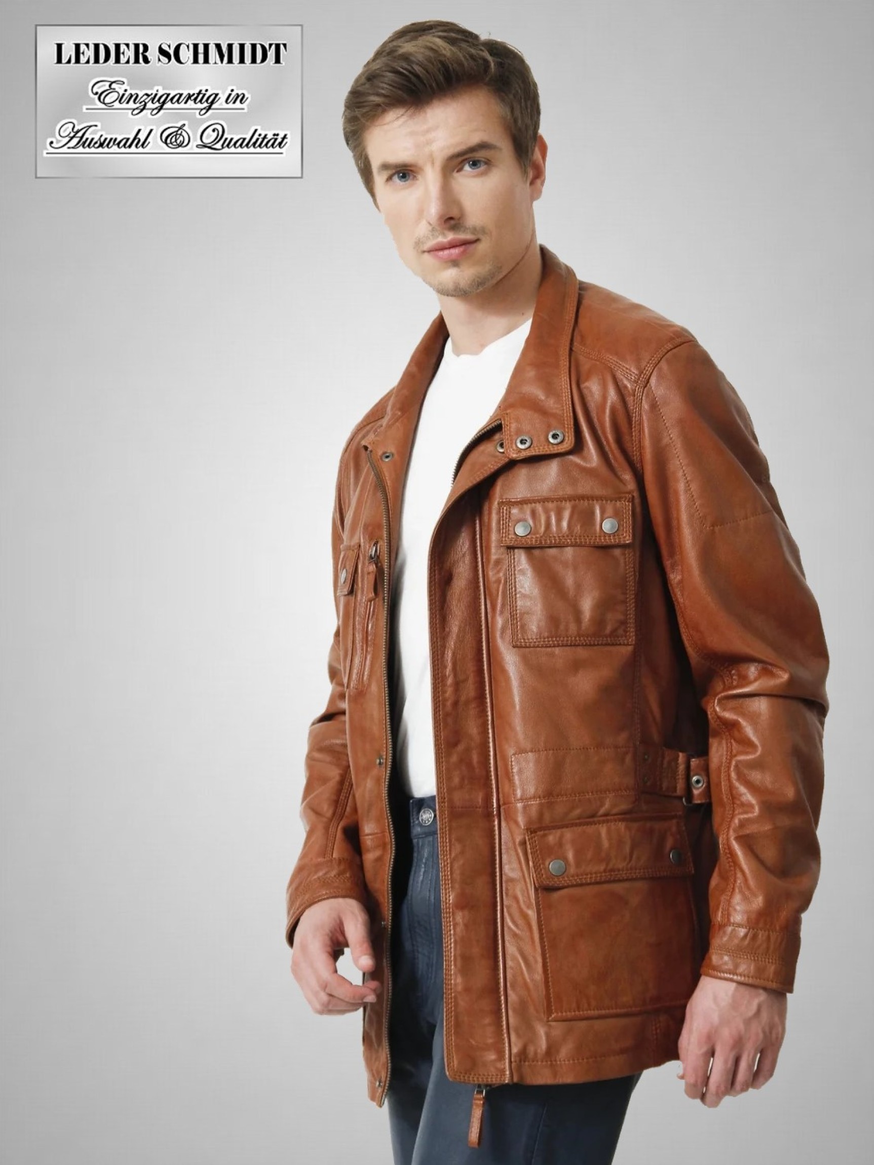 Herren Lederjacke lang sportlich dünn cognac
