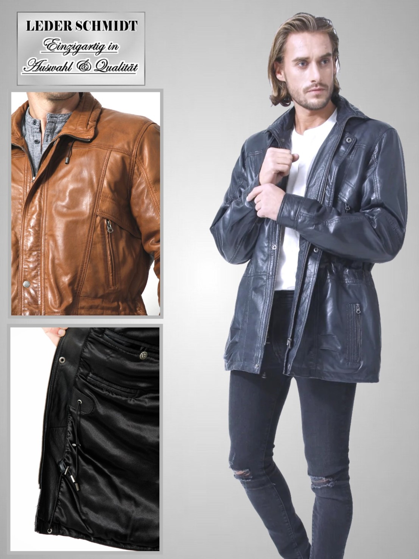 sportliche wattierte Herren-Lederjacke-Lederparka lang Reißverschluss