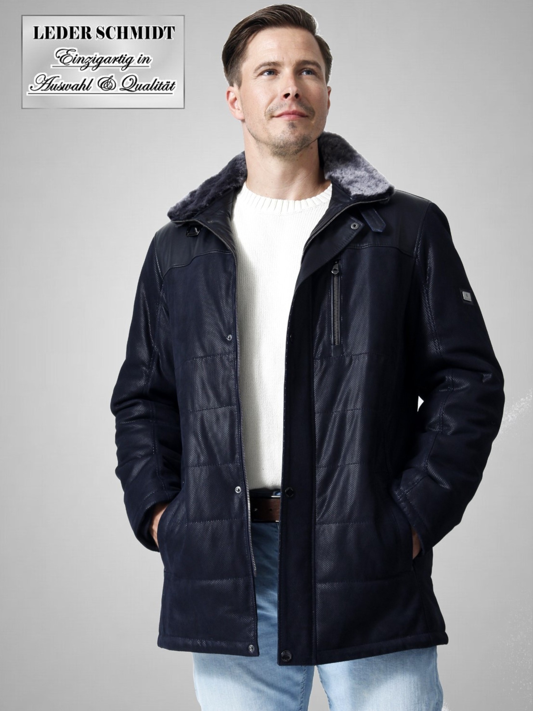 elegante lange Herrenlederjacke abnehmbarer Lammfell-Kragen in dunkel blau