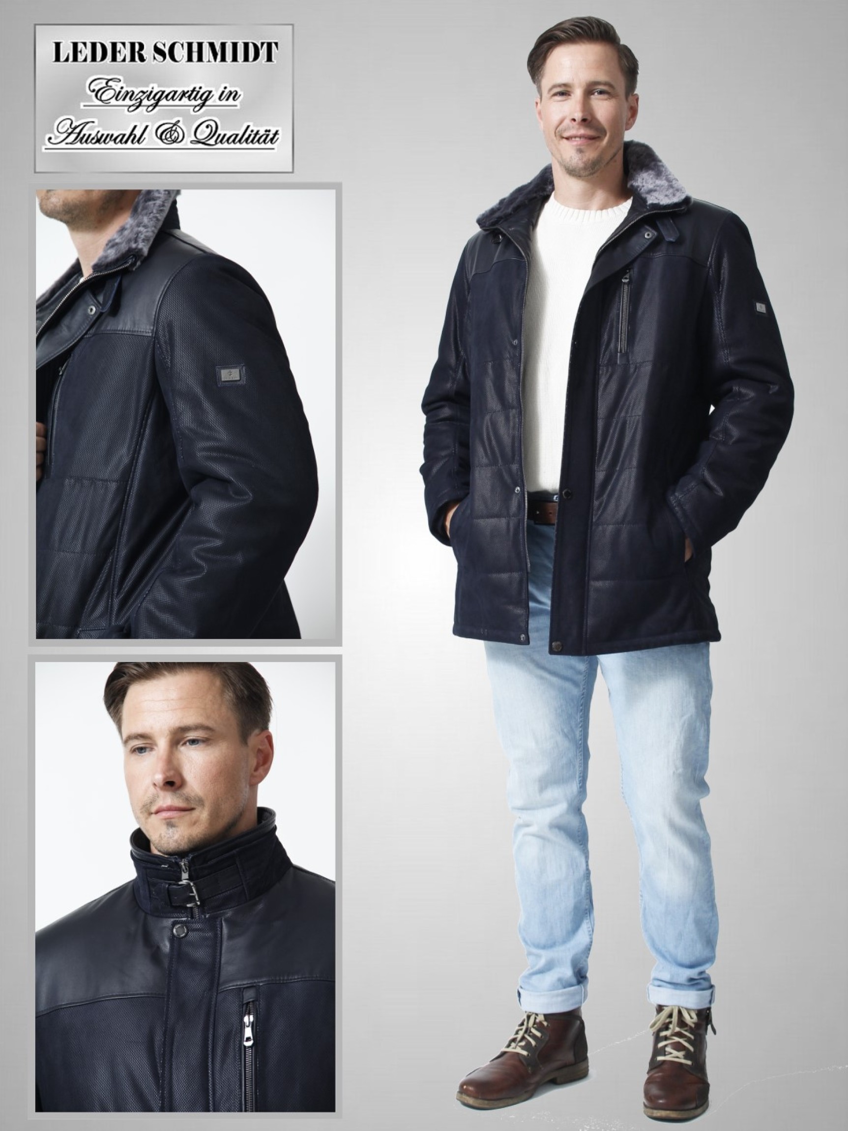 Herren Lederjacke lang blau schick abnehmbarer Lammfellkragen gesteppt