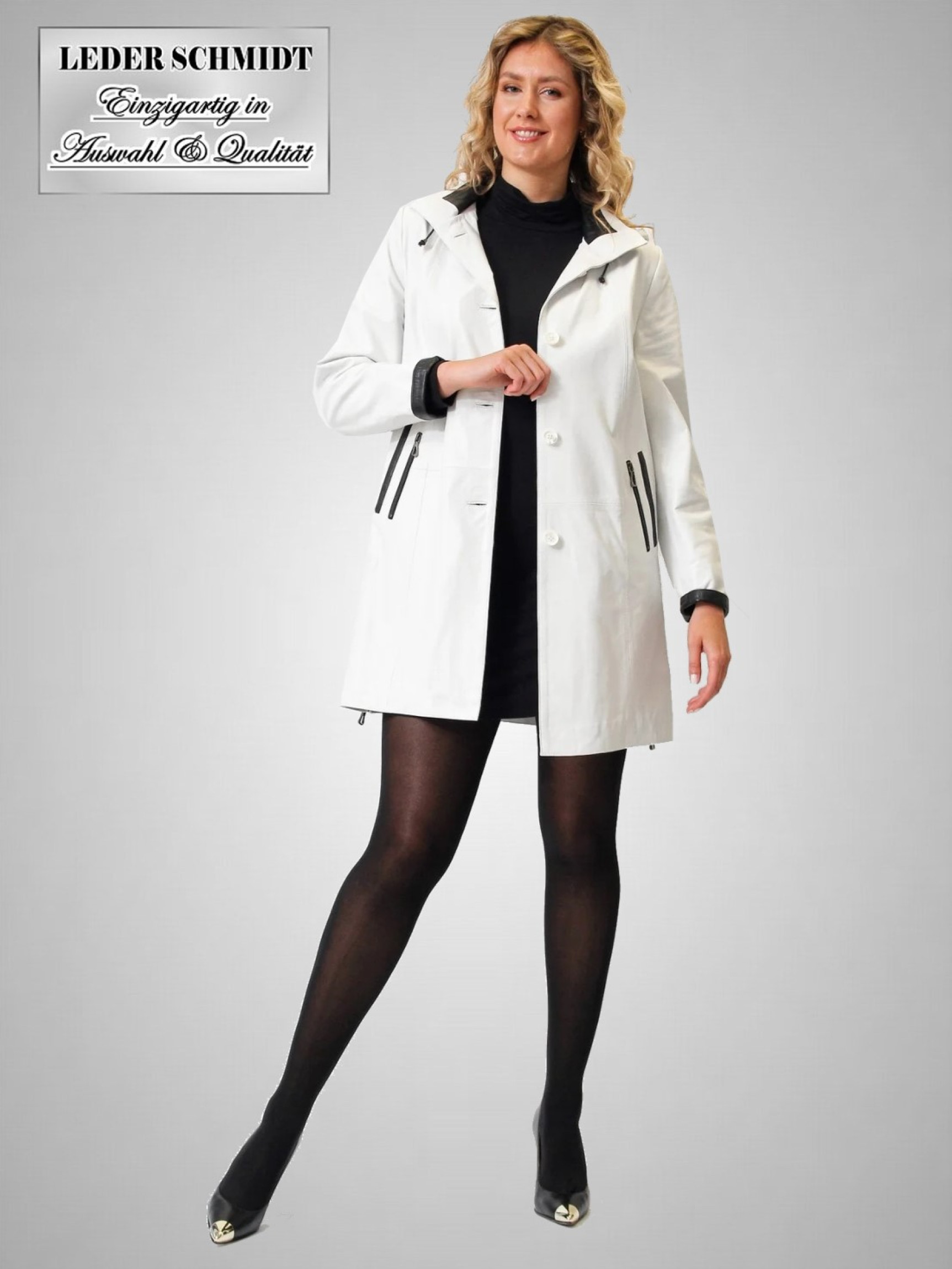 weiße lange Damen Lederjacke Mantel Lammnappa abnehmbare Kapuze Seiten Reißverschluss