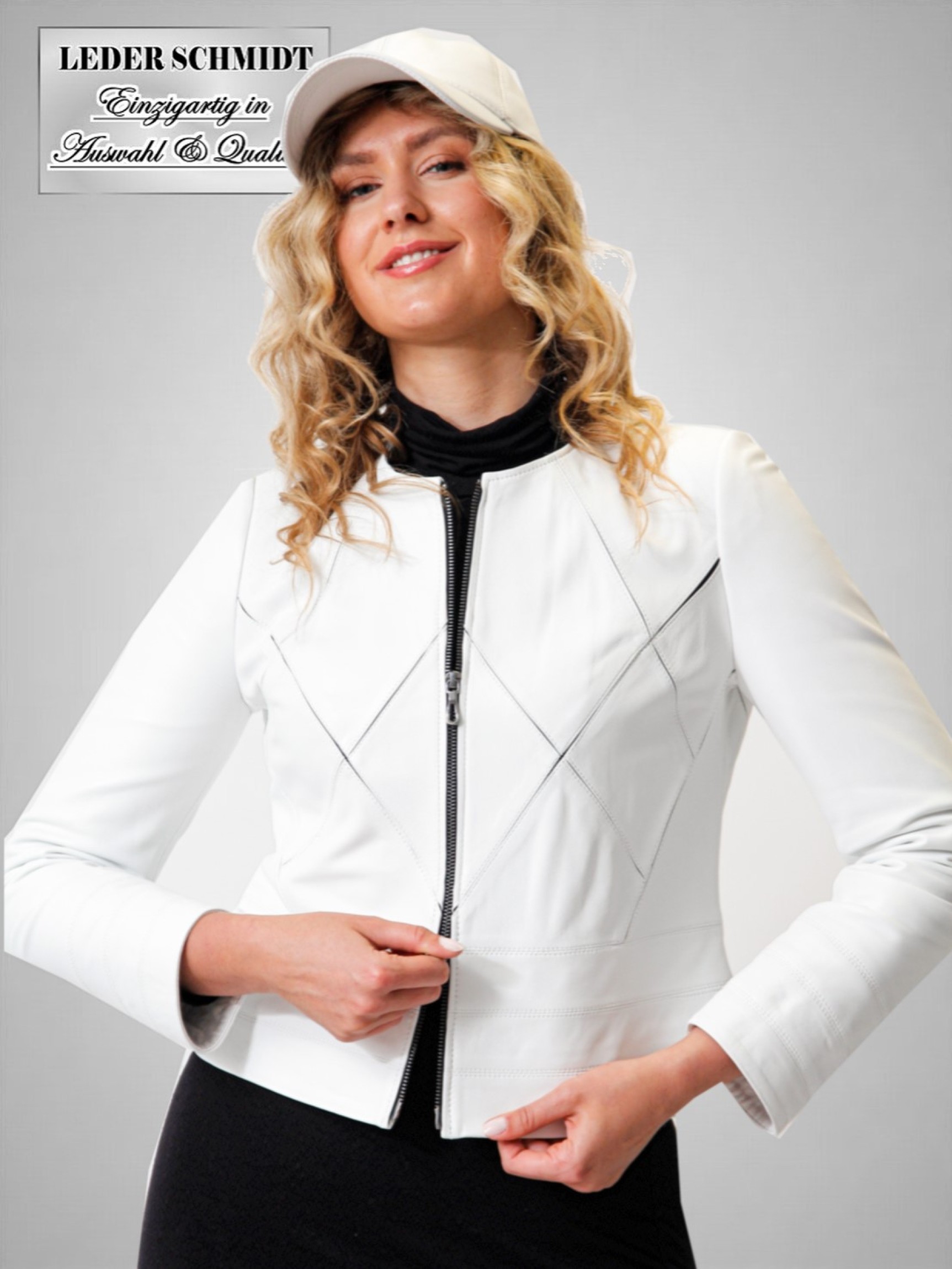 weiße kurze Damen Lederjacke Kragenlos