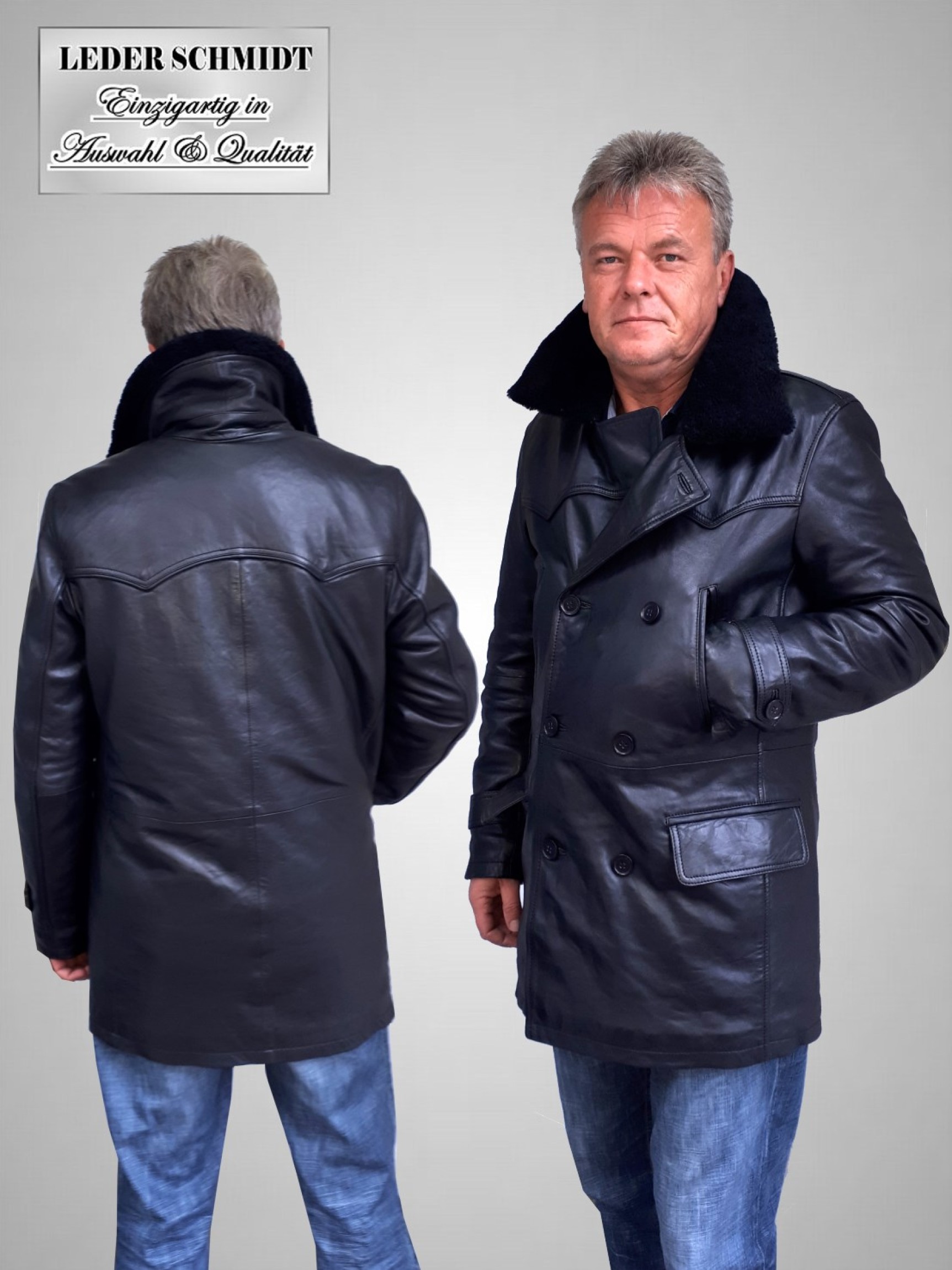 lange Herrenlederjacken schwarz Reverskragen