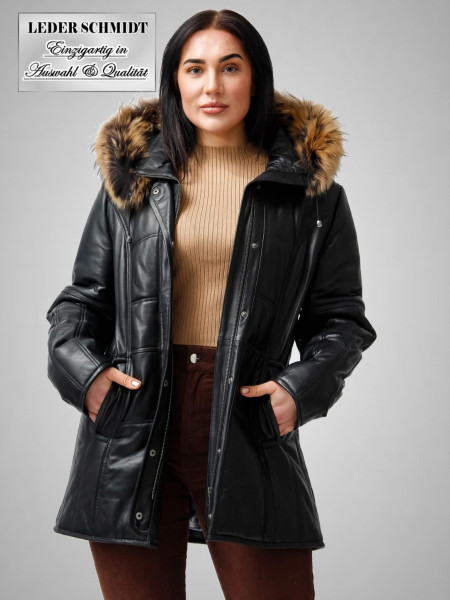 Damen Leder-Parka abnehmbare Kapuze mit Fellrand