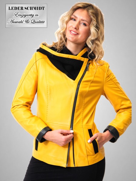 gelbe kurze Damen Lederjacke Kapuze echtes Leder
