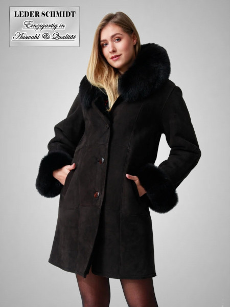 lange Damen Lammfellmantel dunkel braun