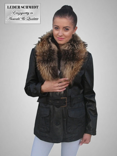 Damen Lederjacke mit Pelzkragen und Gürtel