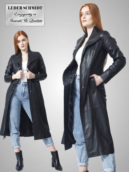 schwarzer Ledermantel Damen lang exklusiv Reißverschluss
